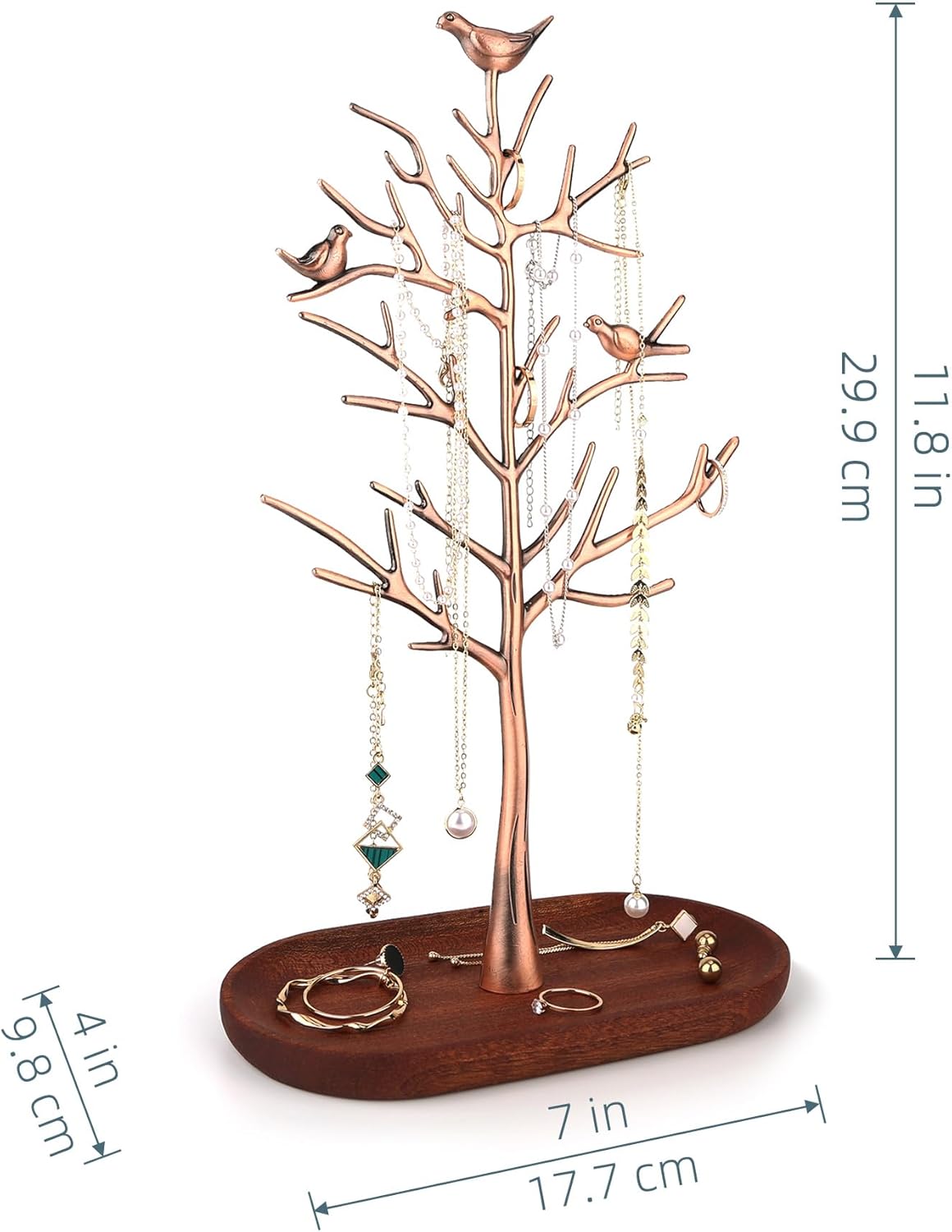 MORE&LESS Branch Jewelry Rack with wood tray,Retro color,Tree Tower Rack Hanging Organizer for Ring Earrings Necklace Bracelet,Suitable for living rooms, bathrooms,offices,etc.