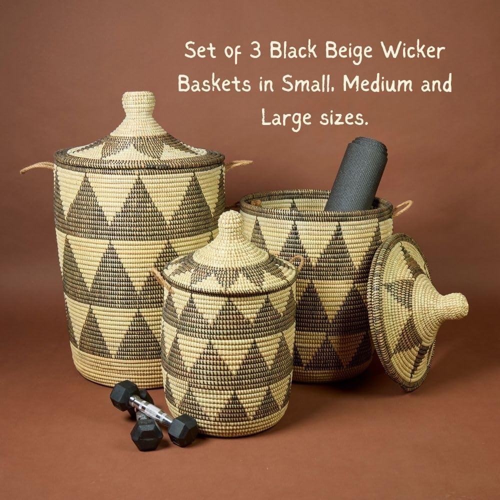 Tall Large Decorative Wicker Storage Basket with Lid, Laundry Hamper, Blanket Storage, Toys Bin, Clothes Holder, Boho Style (Black Beige)