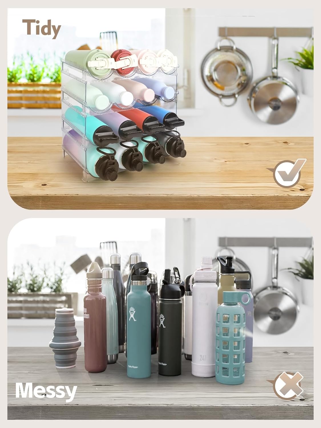 Water Bottle Organizer - 4 Pack Clear Stackable Bottle Storage Rack and Wine Rack for Stanley Yeti Bottle and Other Tumbler Organizer for Kitchen Cabinets, 4 Tier Hold 16