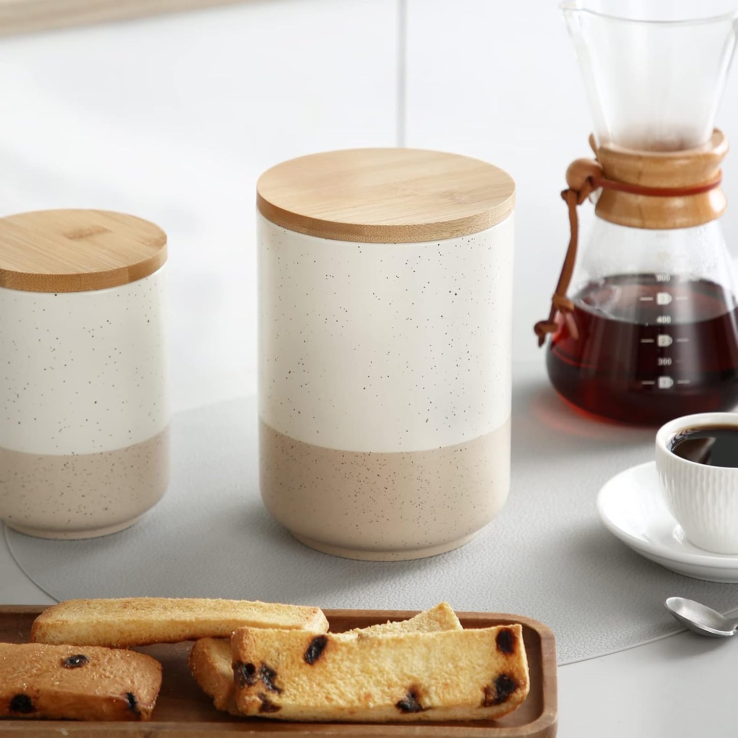 vancasso Sabine Ceramic Canister with Airtight Wood Lid - 36 oz Kitchen Storage Container for Coffee, Tea, Sugar, Nuts & Spices - Medium Countertop Jar