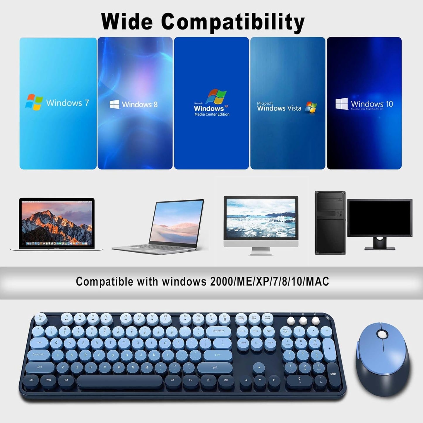Wireless Keyboard and Mice Combo,Retro Round Keys Full-Sized Cute Keyboard, 2.4Ghz Dropout-Free Connection and Optical Mouse for Windows, Mac, PC, Laptop, Desktop (Blue-Colorful)