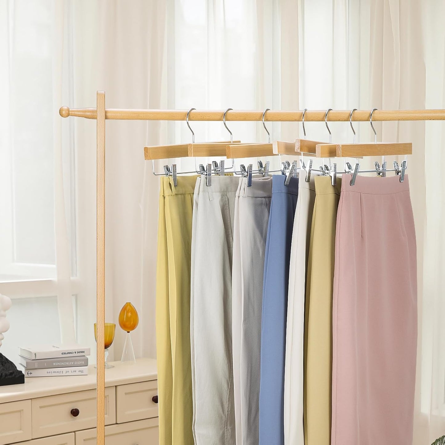 Nature Smile Deluxe Wooden Pants Hangers,Solid Lotus Wood Jeans Skirt Hanger with Clips Anti-Rust Hook Pack of 28(Natural)