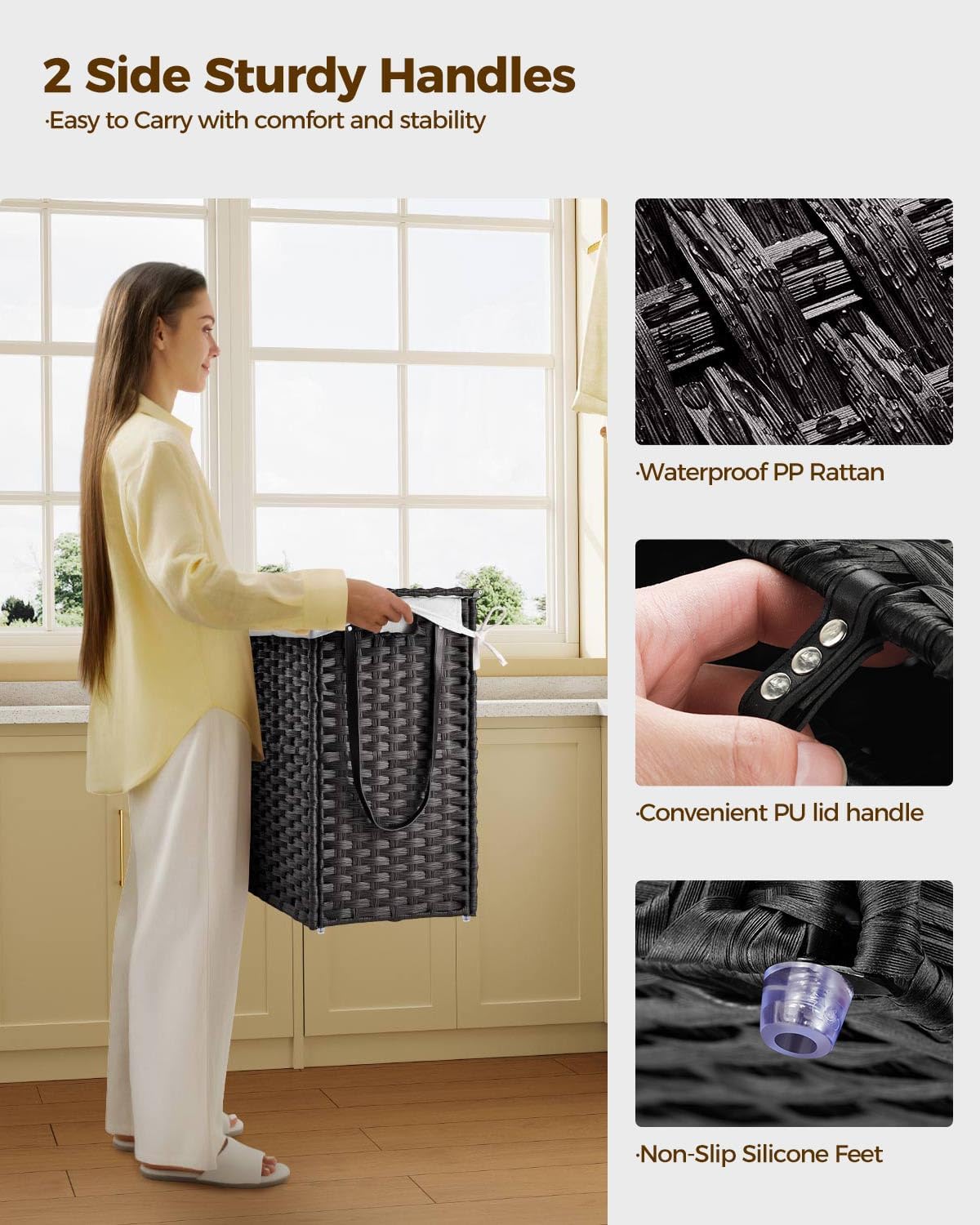 Greenstell Laundry Hamper with Wheels&Lid, 130L Large 3 Sections Clothes Hamper with 2 Types Removable Liner Bags, 5 Mesh Laundry Bags, Handwoven Divided Laundry Basket Black