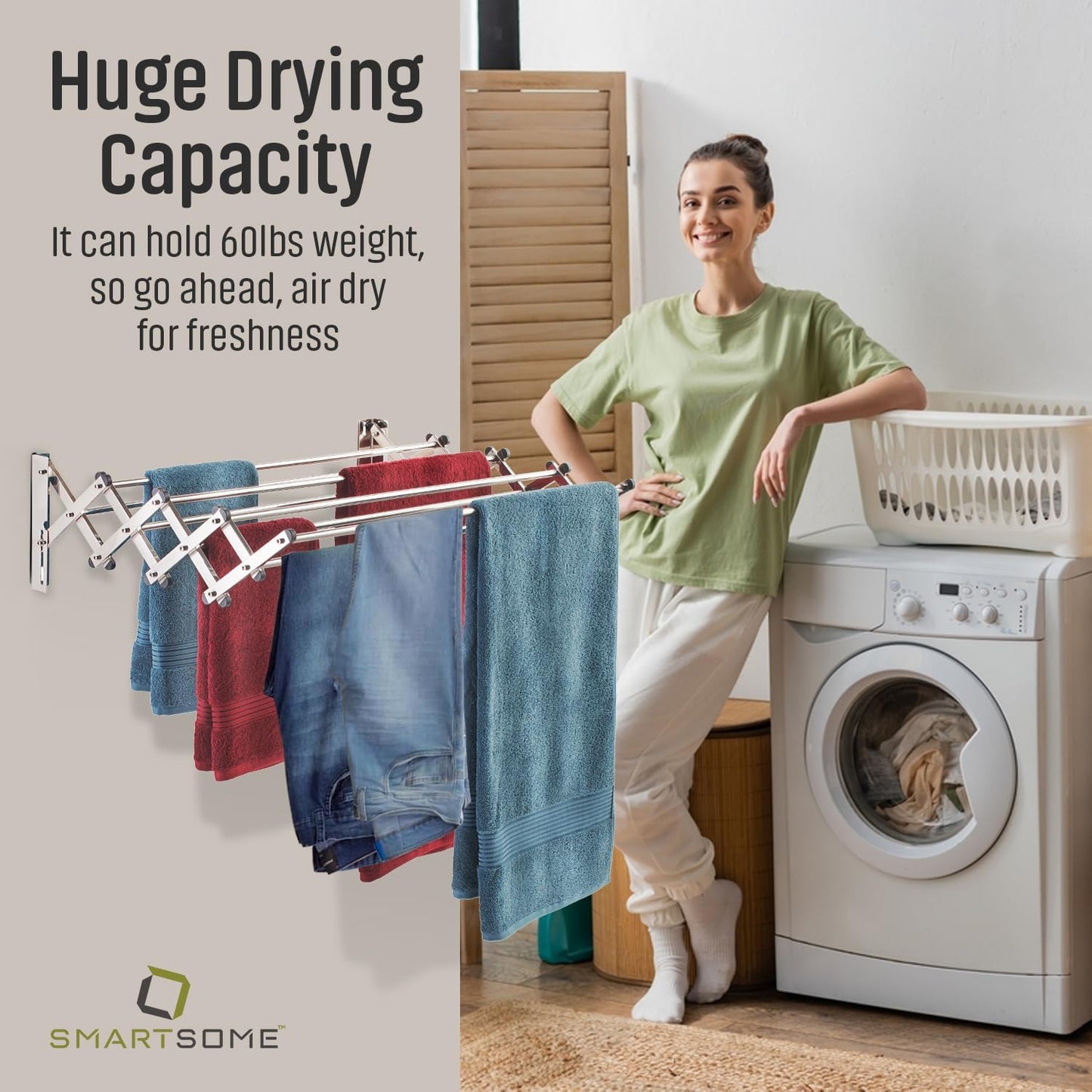 Smartsome | Wall Mounted | Clothes Drying Rack | 34" Wide | 22.5 Linear Feet Capacity | 8 Smooth Round Stainless Steel Rods | 60 lb Capacity | Fully Assembled | Compact Sturdy Space-Saving Design
