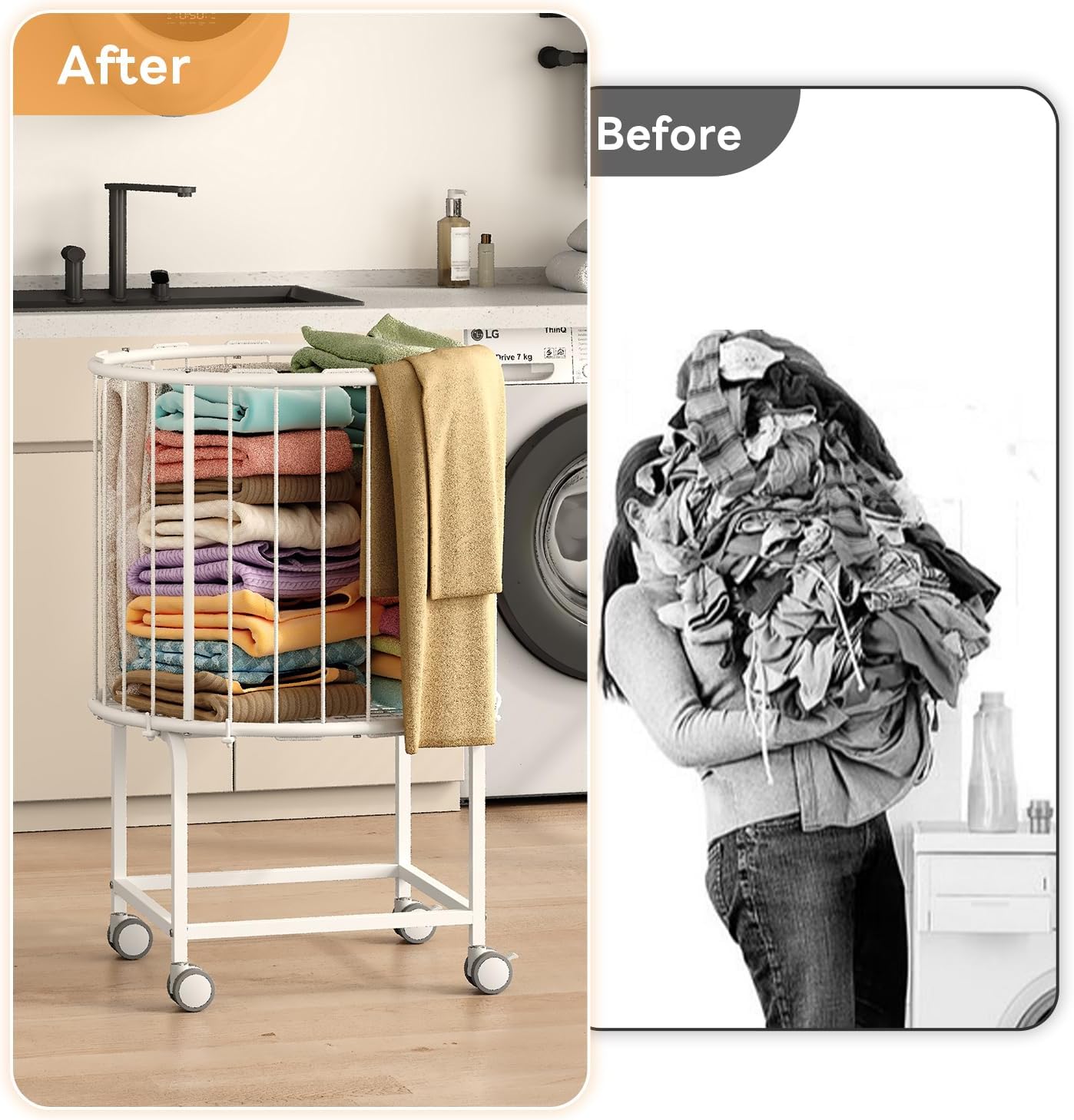 29-Gallon(110 L) Laundry Cart with Wheels,Rolling Round Metal Laundry Basket Cart with Elastic Cord,2 Locking Wheels-White