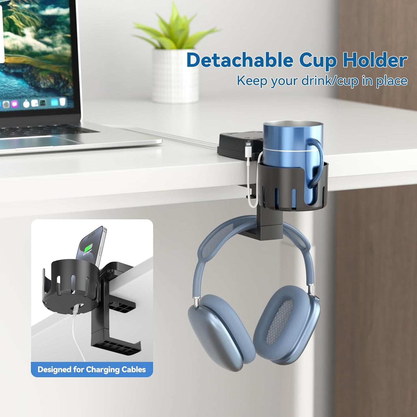 KDD 3 in 1 Headphone Hanger with Cup Holder - Rotatable Headset Hook & Desk Cord Organizer - Suitable for Coffee Mups, Water Cups, Headphone, Charging Cables, Home & Office