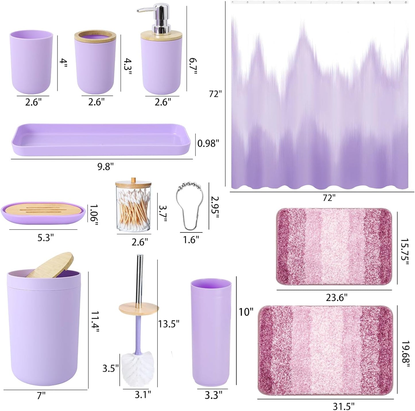 iMucci Bathroom Accessories Light Purple Bathroom Sets with Shower Curtain and Rug, Light Purple Ombre Waterproof Shower Curtain with Ultra Absorbent Rug Bathroom Accessories Set for Home