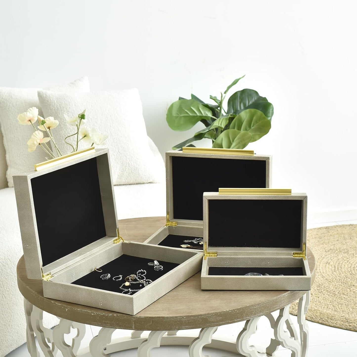 Faux Shagreen Leather Jewelry Storage Boxes Set of 3 with Gold Handles, Velvet Lined Stackable Organizer for Women, Vanity, Dresser, Gift, White