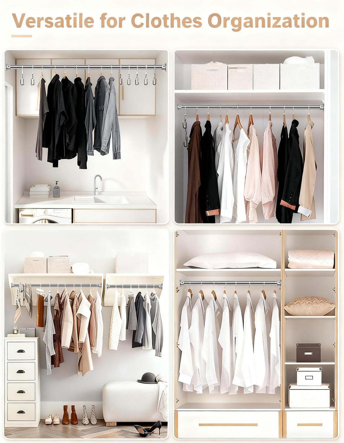 FIRJOY Premium Stainless Steel Closet Rod 1.0mm/1.3", Heavy Duty Adjustable Hanging Bar for Clothes Organization, No-Splice 1-Piece Telescoping Design (Silver, 26.9" - 46.9")