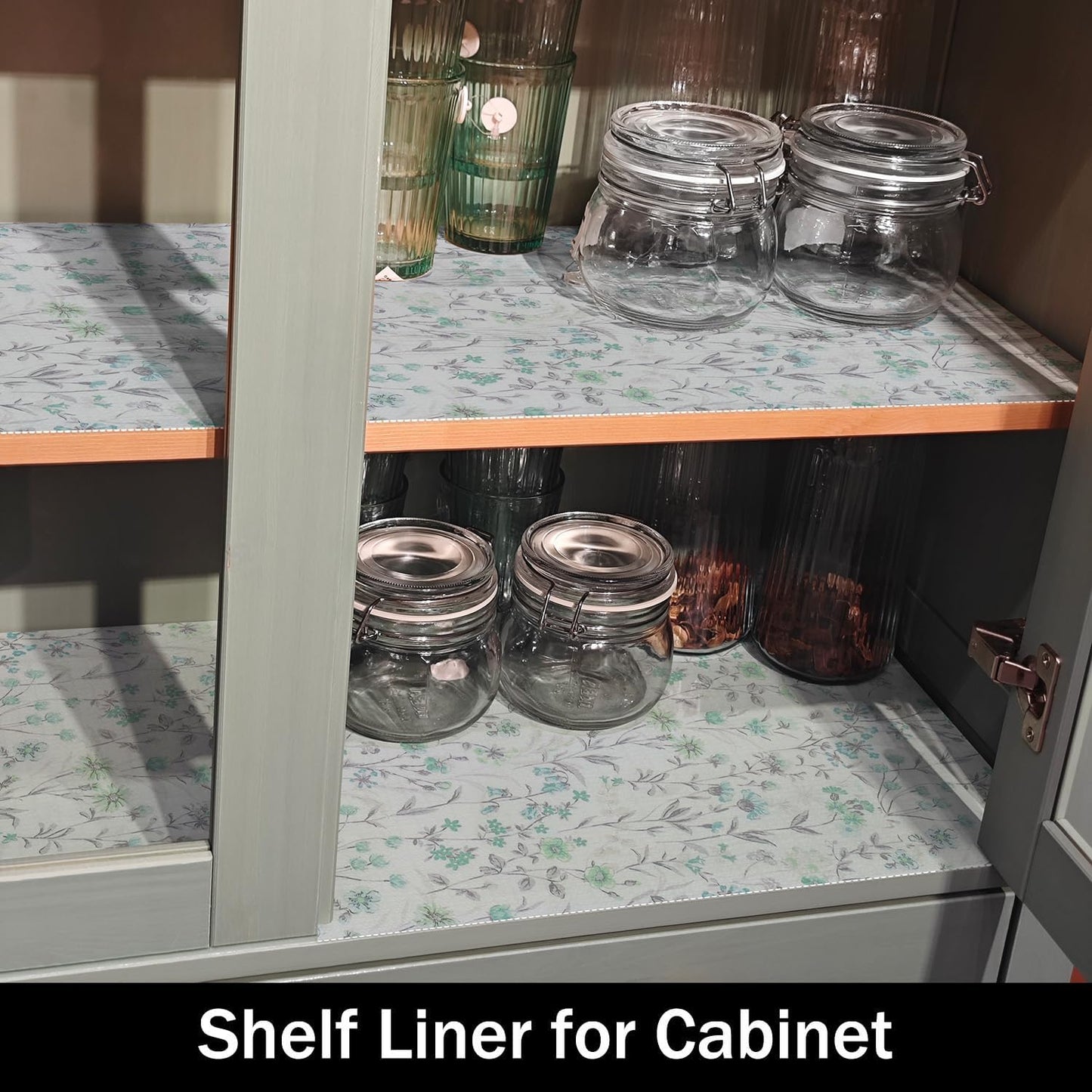 Blue and Green Floral Shelf Liners Non Adhesive and Strong Non-Slip Shelf and Drawer Liners for Kitchen Cabinet Wire Fridge, Waterproof Shelf Drawer Liner,Easy to Clean,12IN x 10FT