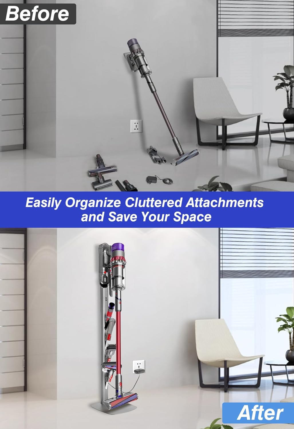 Haturi Vacuum Stand for Dyson Gen5 V15 V12 V11 V10 V8 V7 V6, Heavy-Duty Metal Bracket Organizer with 4 Accessory Hooks, Hidden Cord Management & Space-Saving Design for Cordless Handheld Vacuums