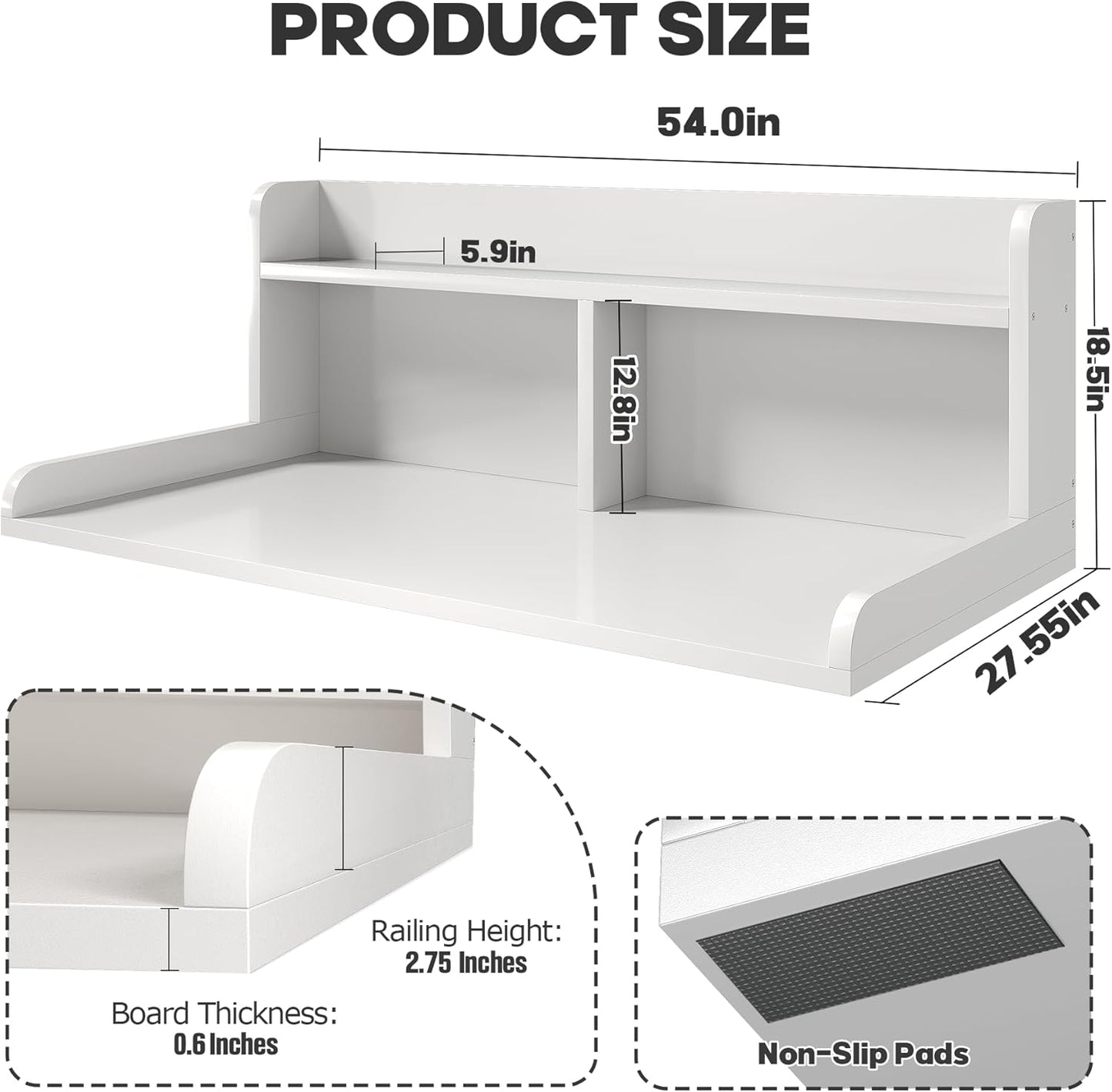 2-Tier Washer Dryer Countertop, 18.5" Raised Height Laundry Countertop with Edge Rails and Non-Slip Pad, 54"W x 27.55"D Washer and Dryer Topper for Laundry Room Storage Organization (White)