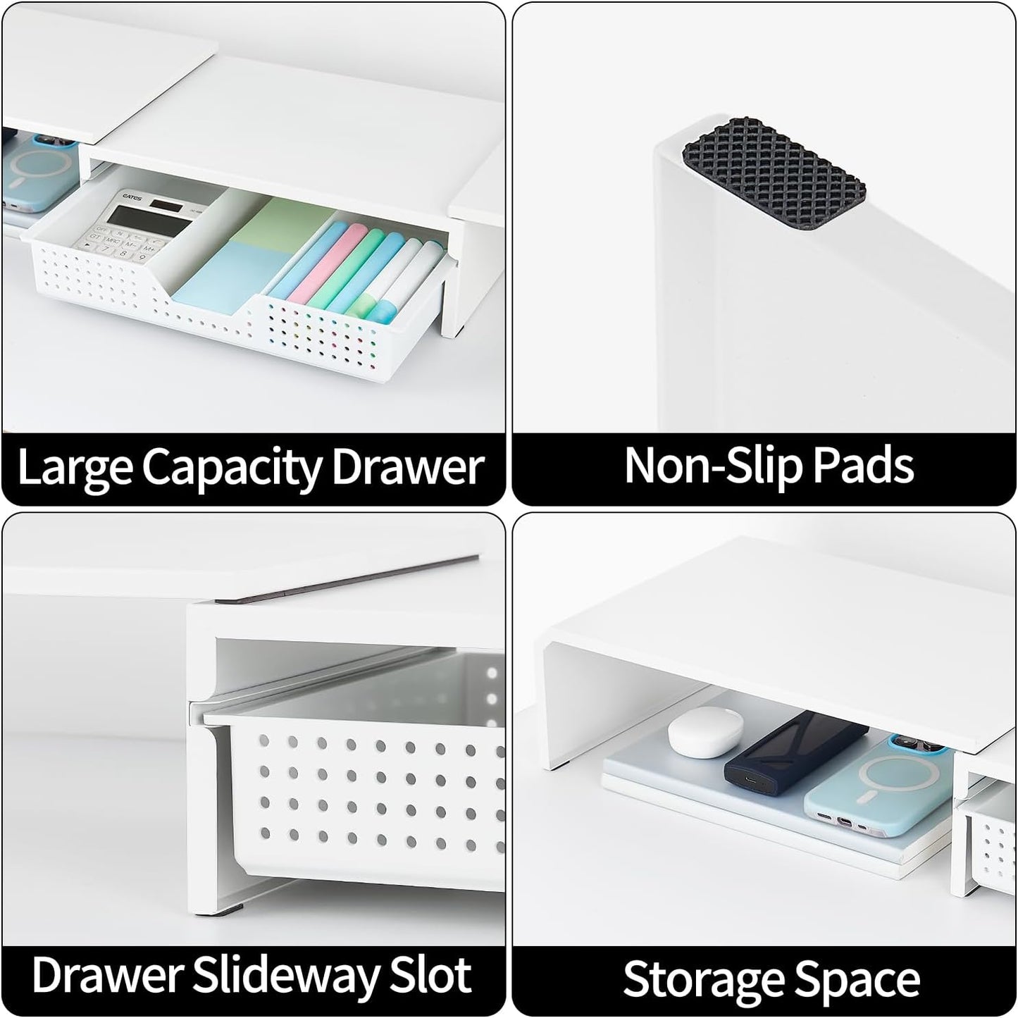 Dual Monitor Stand Riser with Drawer, Desk Organizer and Accessories, Metal Laptop Stand for Desk, Workspace Desktop Stand for Computer, Laptop, TV and More (White)