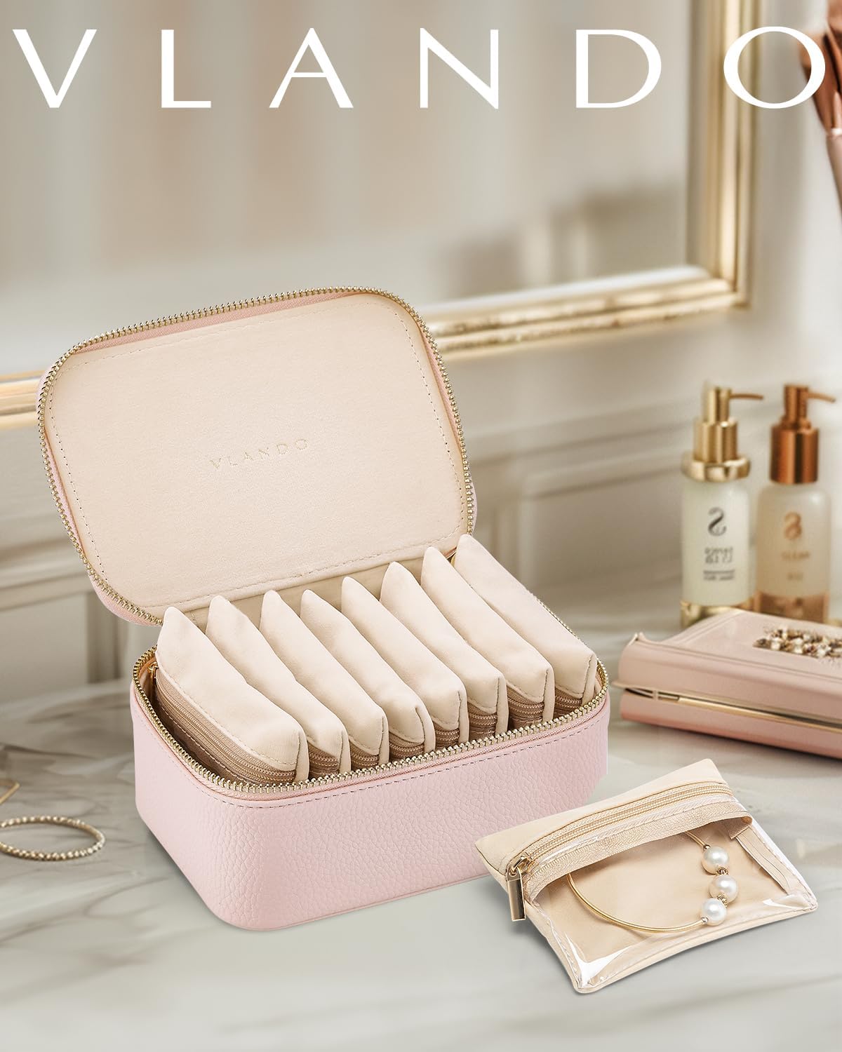 Vlando Jewelry Box with 8 Velvet Jewelry Bags Travel Jewelry Case for Women Girls Jewelry Organizer Necklace Rings Earrings Bags Gift Ideas for Christmas Birthday Bride (Pink)