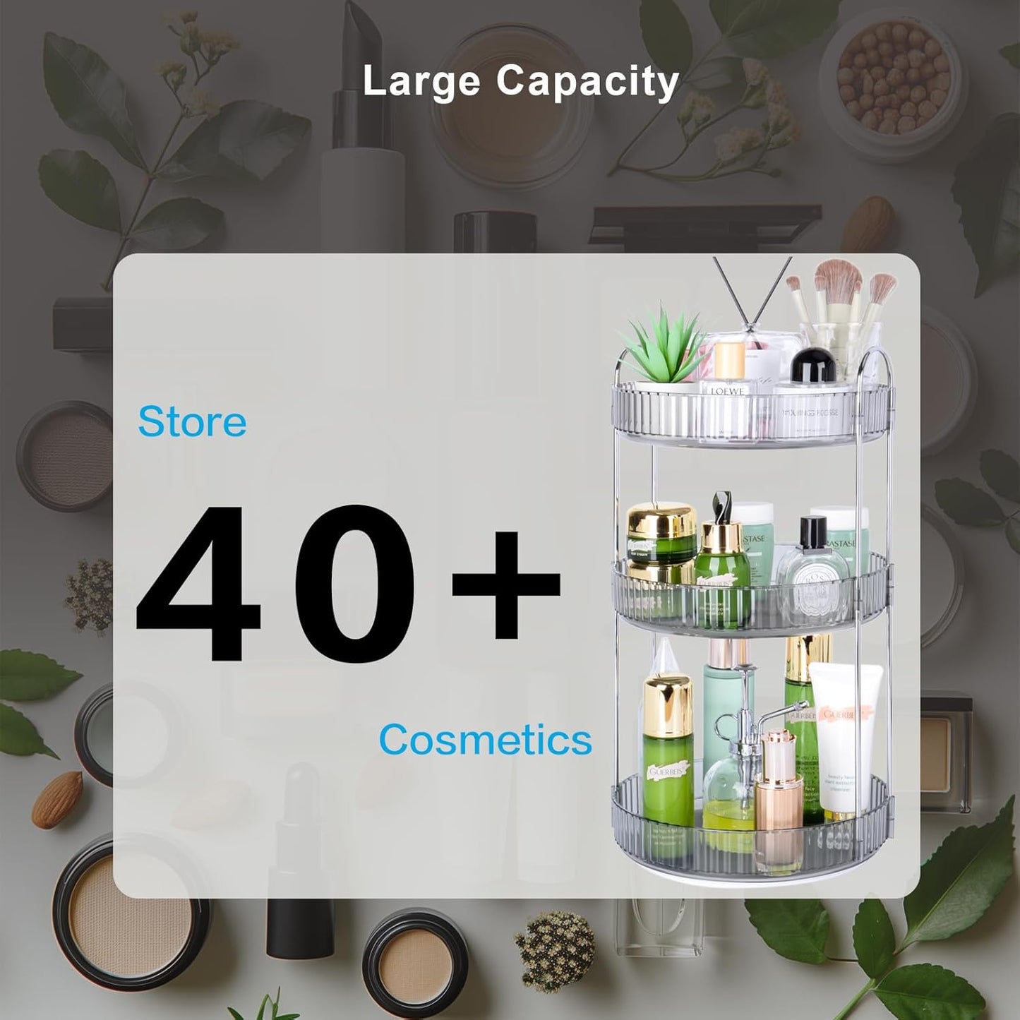 360 Rotating Makeup Organizer, 3 Tier Large Capacity Lazy Susan Bathroom Counter Organizer, Skincare Organizers, Spinning Perfume Organizer & Vanity Organizer Countertop (Classic Grey, 3 Tier)