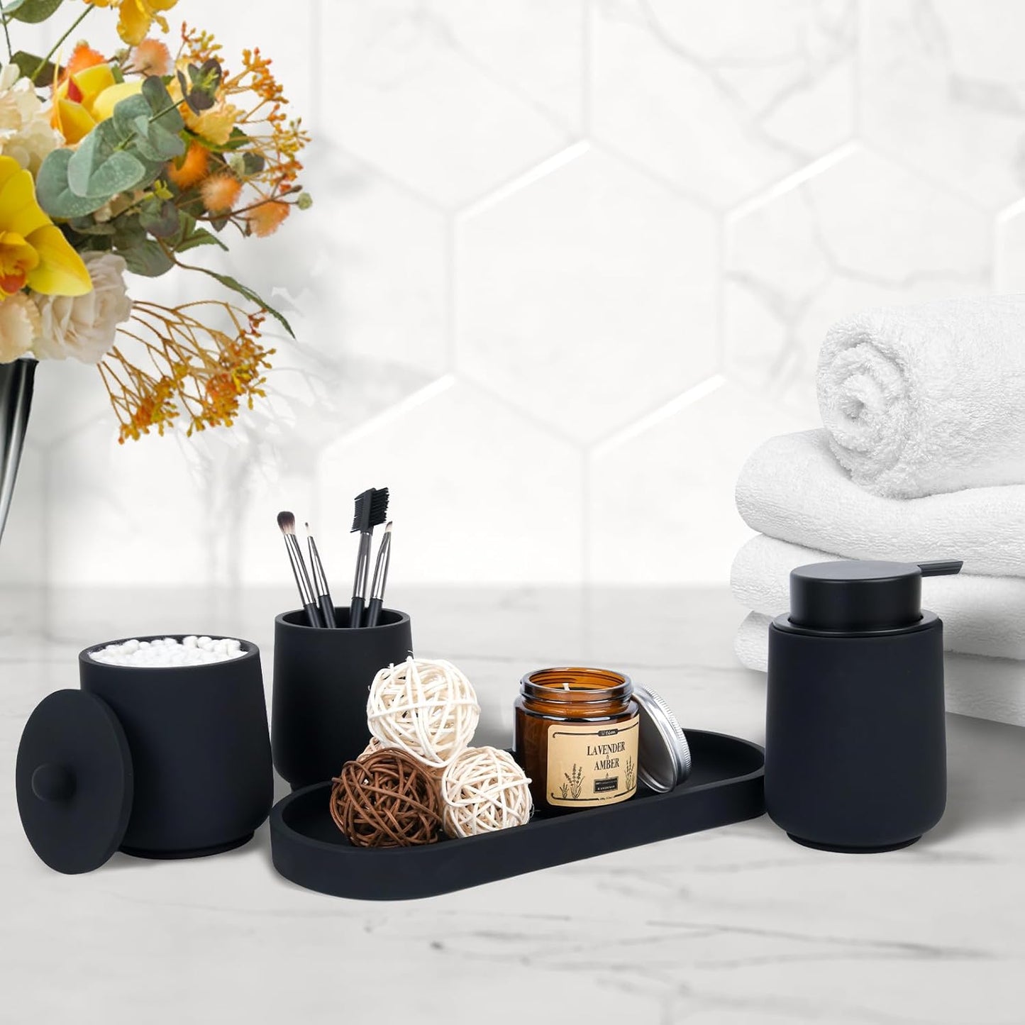 Black Bathroom Accessories Set - 4 Pcs Bathroom Accessory Sets with Toothbrush Holder,Lotion Soap Dispenser,Qtip Holder Dispensr & Vanity Tray,Bathroom Countertop Vanity Oganizer - Matte Black