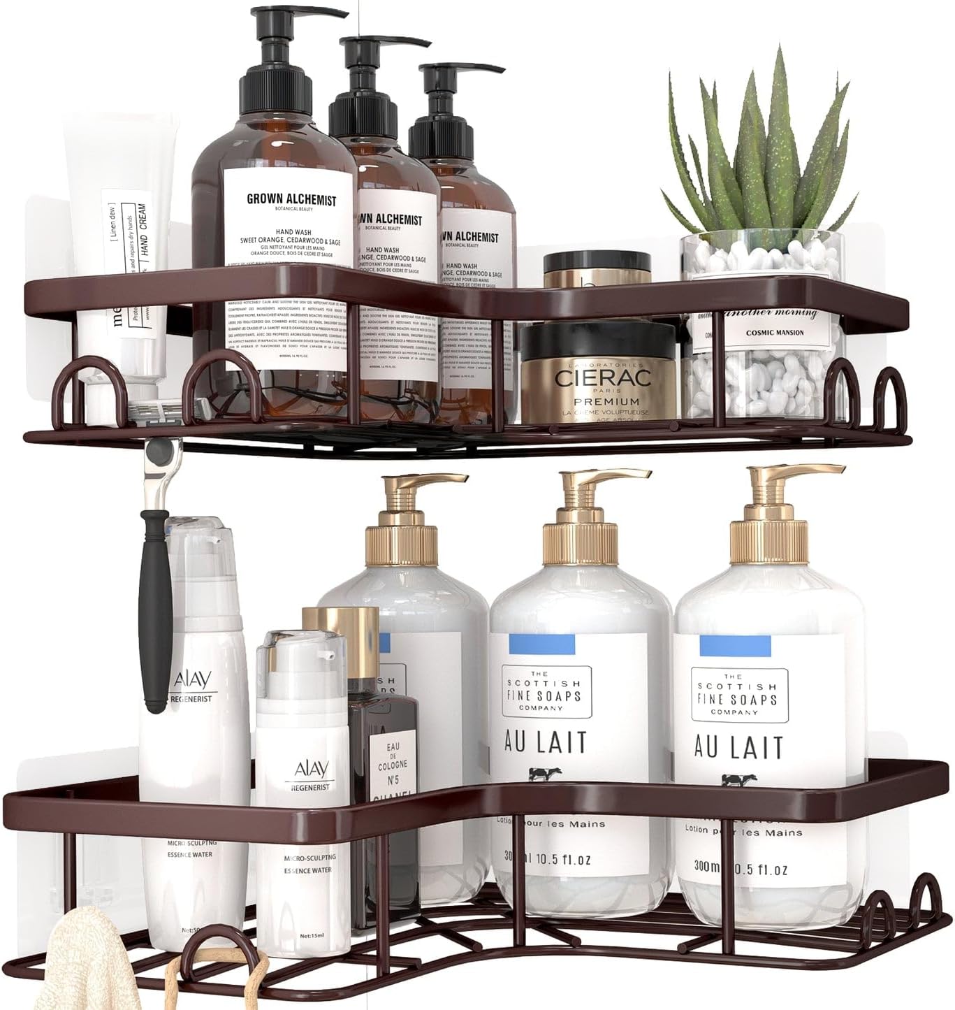 Corner Shower Caddy - 2 Pack, Adhesive Shower Organizers, Rustproof Stainless Steel Shower Shelves with 8 Hooks, No Drilling Bathroom Organizers and Storage Racks, Space-Saving, Brown, Medium