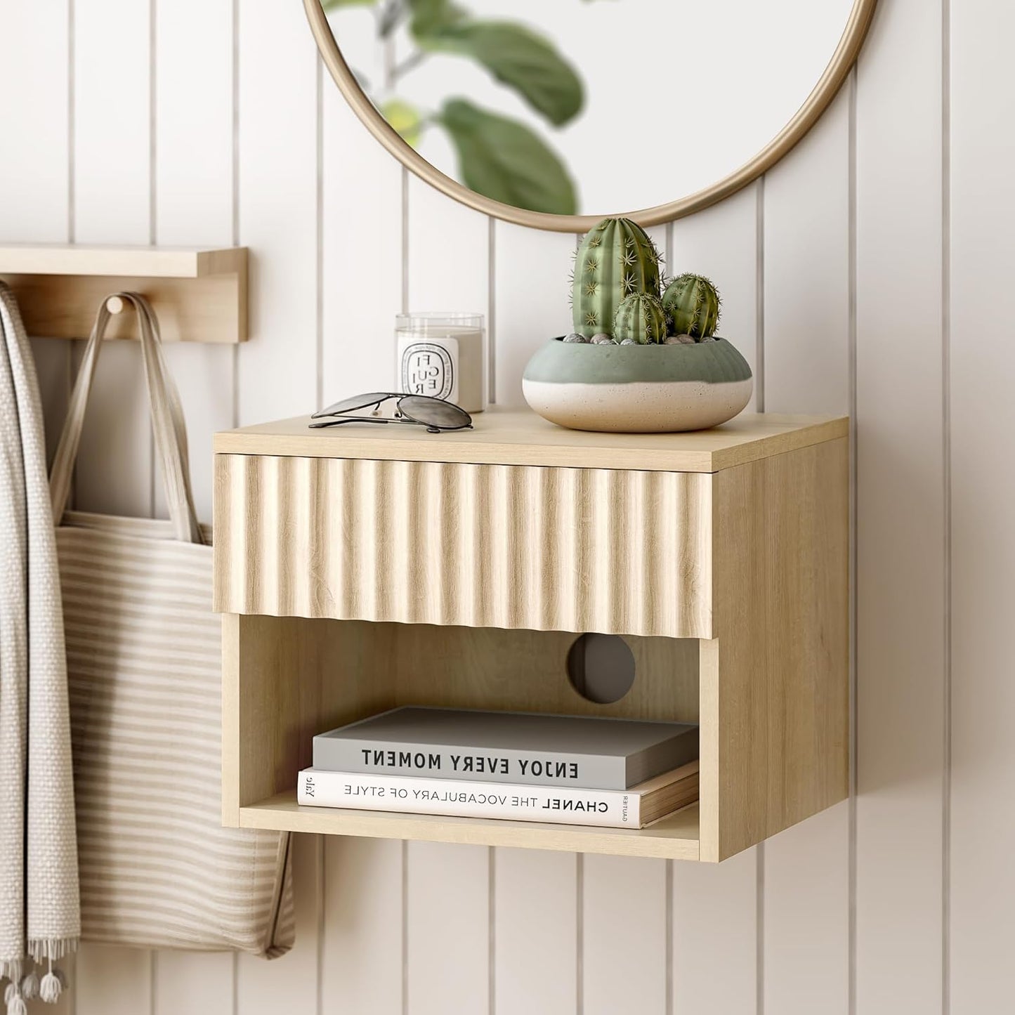 Floating Nightstand with Drawer and Open Shelf, Small Wall Mounted Bedside End Table, Modern Fluted Night Stand for Bedroom, Living Room, Light Oak