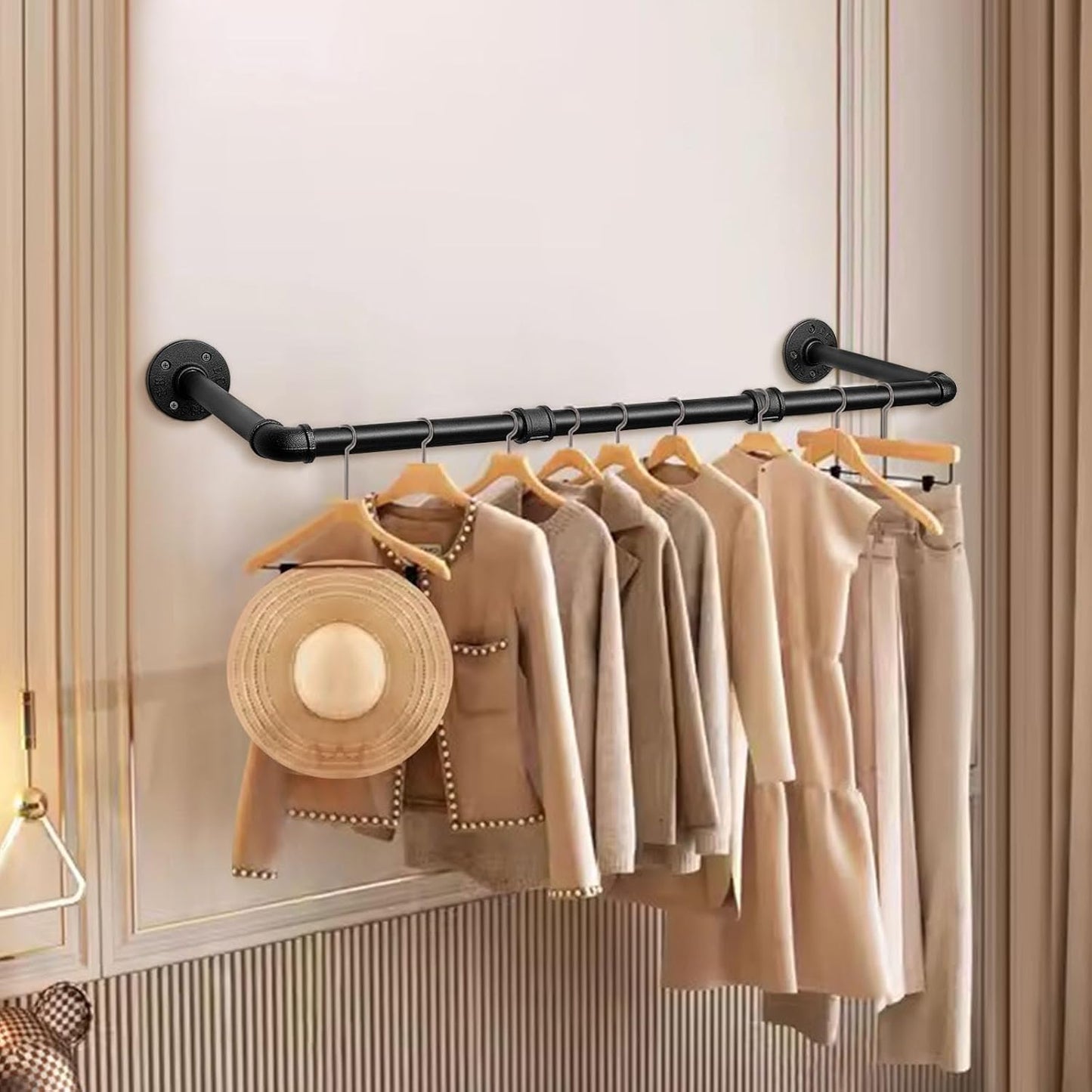 Industrial Iron Pipe Clothes Hanging Bar DIY Wall-Mounted Garment Rack Heavy Duty Clothing Rack for Bedroom, Laundry Room, Closet Storage (Black 36 inch)