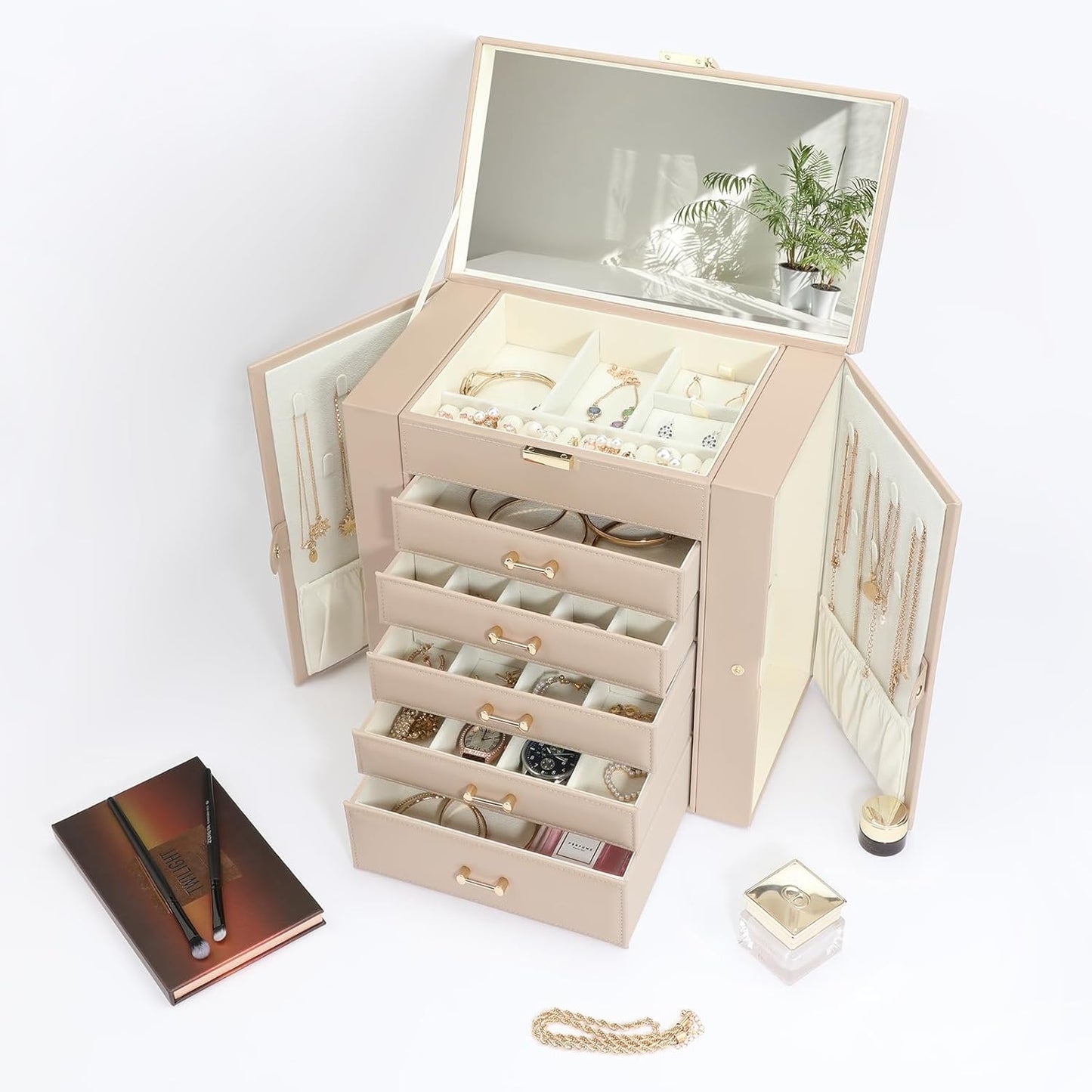Large Jewelry Holder Organizer, 6 Layer Jewelry Box for Women Jewelry Storage Case With Handle, Gift for Christmas New Year, Apricot