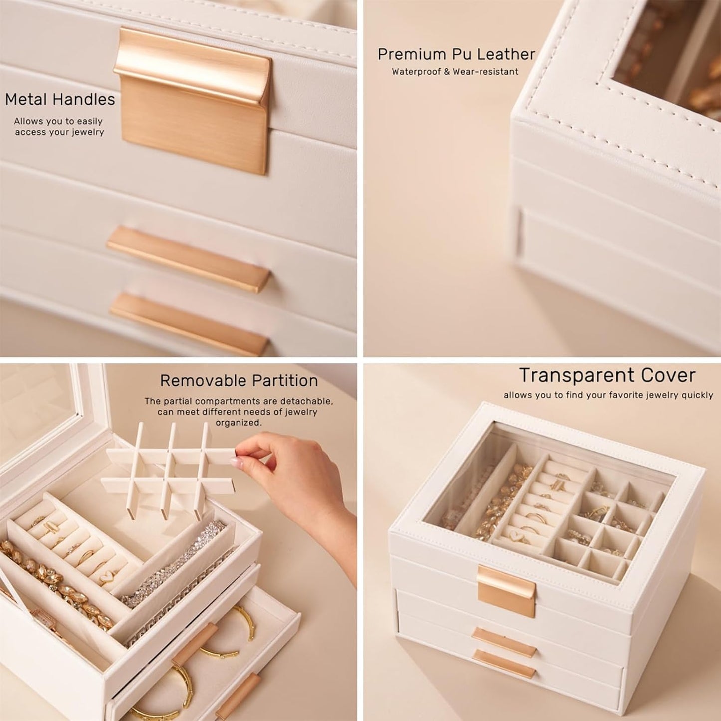 Jewelry Box Organizer with Glass Lid, 3-Layer Jewelry Storage, with 2 Drawers, Modern Style, 8 x 9.1 x 5.3 Inches (White)