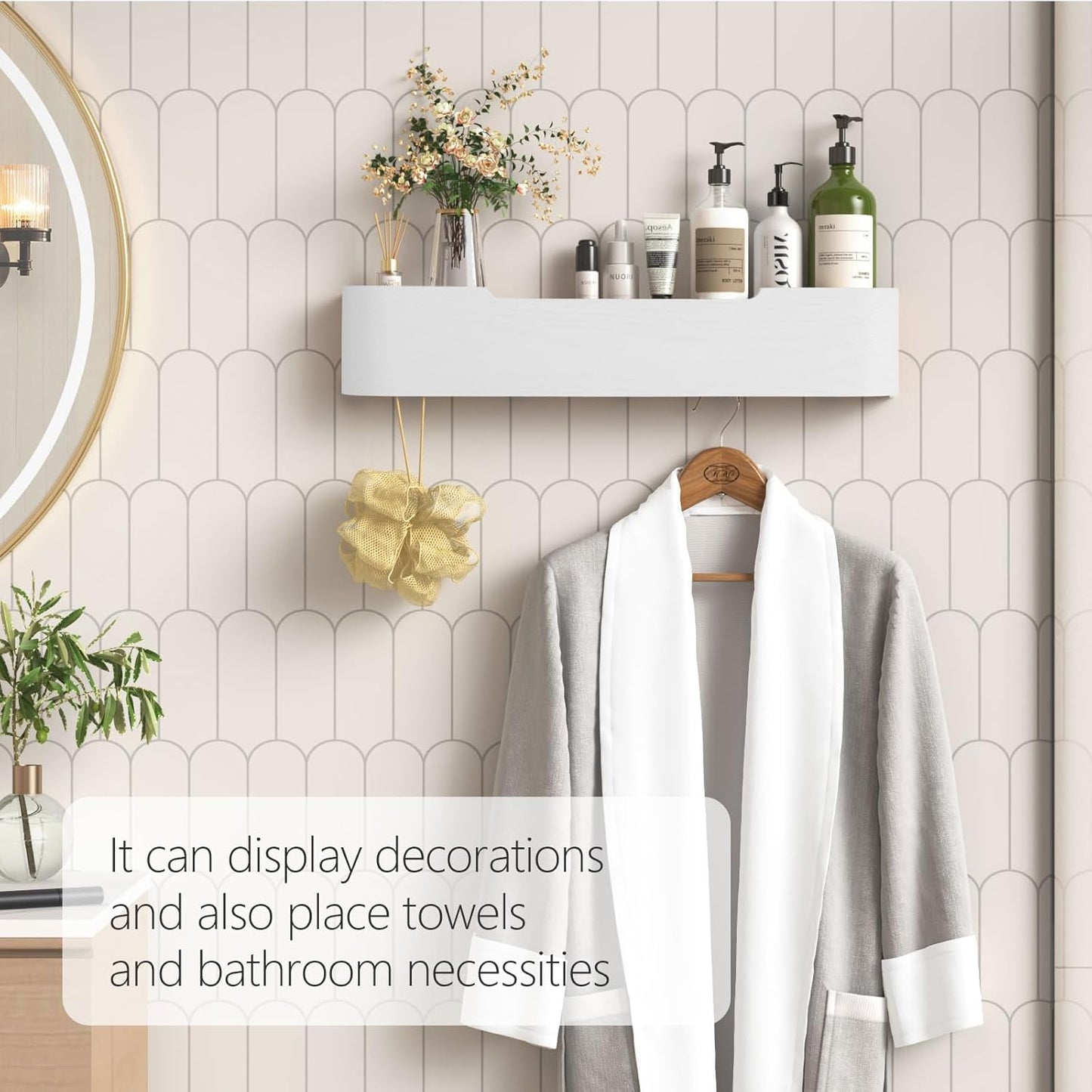 Coat Rack Wall Mount with Hidden Hooks Modern Key Holder Wood Entryway Hook with Shelf for Bedroom Kitchen Hallway Bathroom Designed for Hanging Coats Hats Bags Towels Dog Leashe(White,5 Hooks)