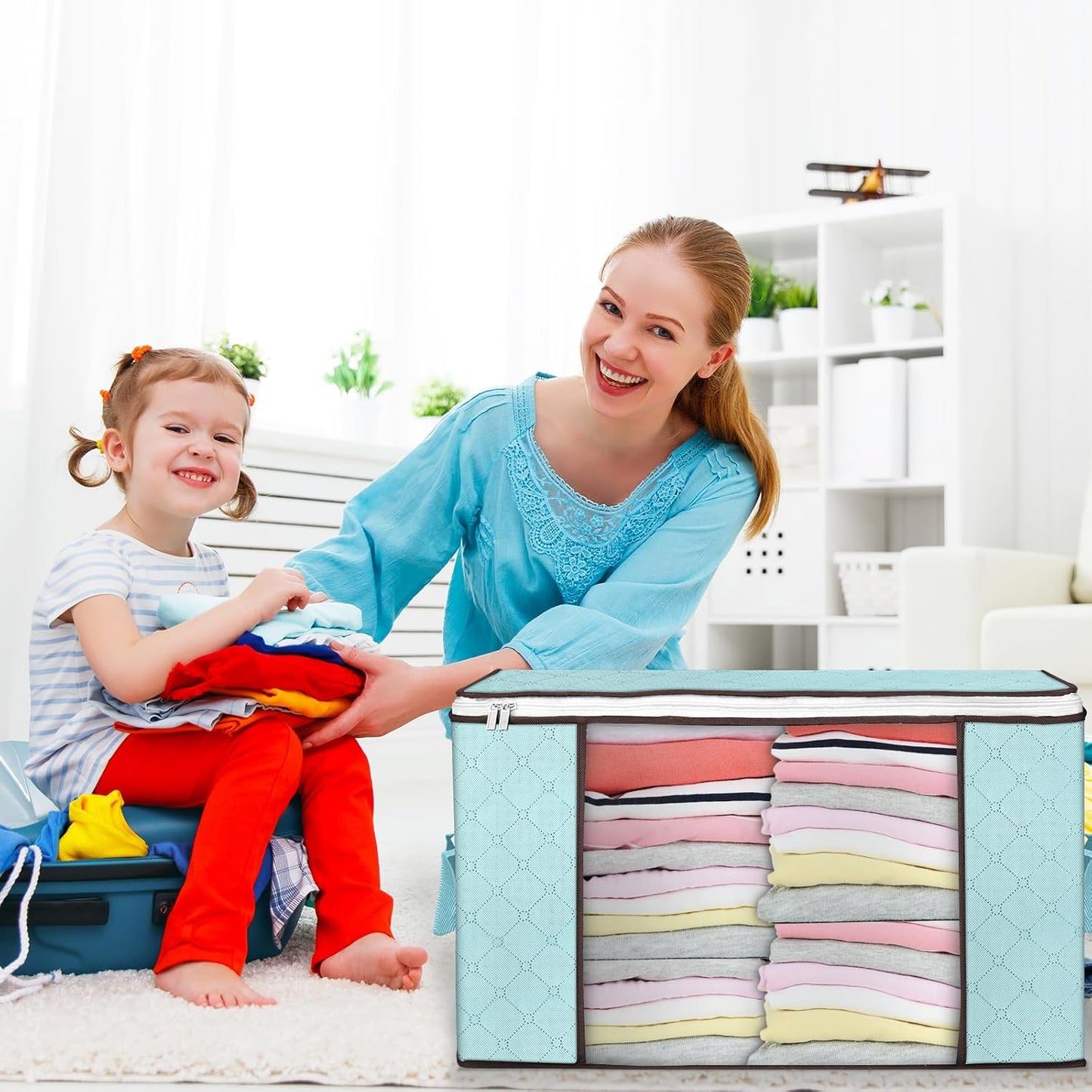 Budding Joy 90 L Large Storage Bags, 6 Pack Clothes Storage Bins Foldable Closet Organizer Storage Containers Storage and Organization for Clothes, Blanket, Comforters, Bed Sheets, Pillows (Blue)