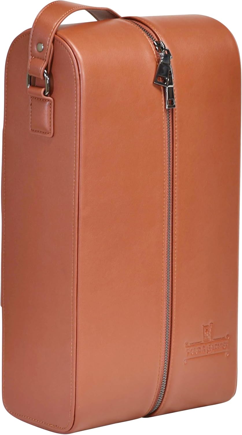 POUR & GARNISH Bourbon, Whiskey & Wine Double Bottle Travel Bag – Vegan Leather Spirits Carrier with 4 Stainless Steel Insulated Glasses & Gift Pouch – Luxury Barware Gift