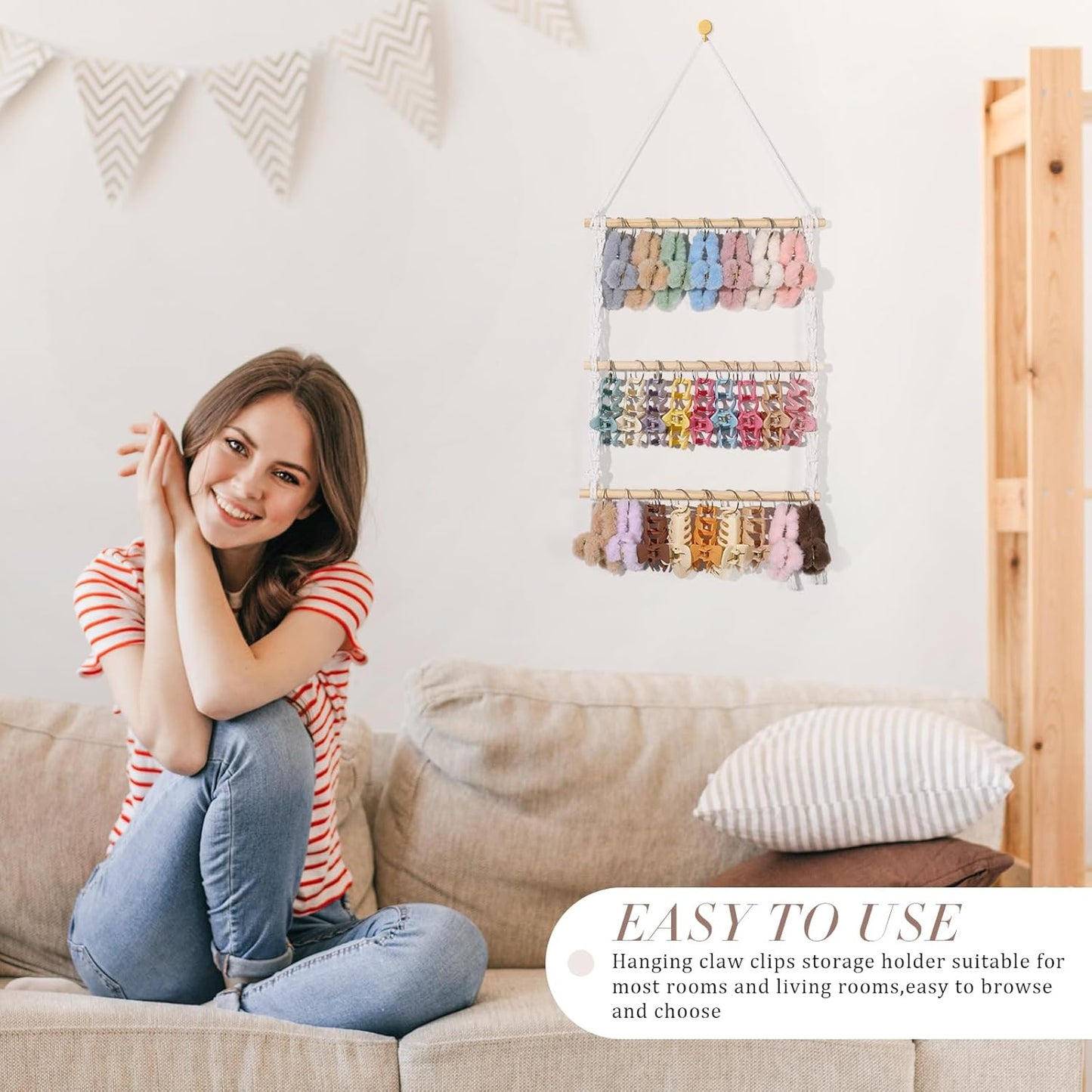 SNOWSTAR Macrame Hair Claw Clip Organizer with 30 Metal Rings,Hanging Hair Clip Holder and Storage for Women Girls,Claw Clips Hanger Home Decor for Wall,Door,Closet