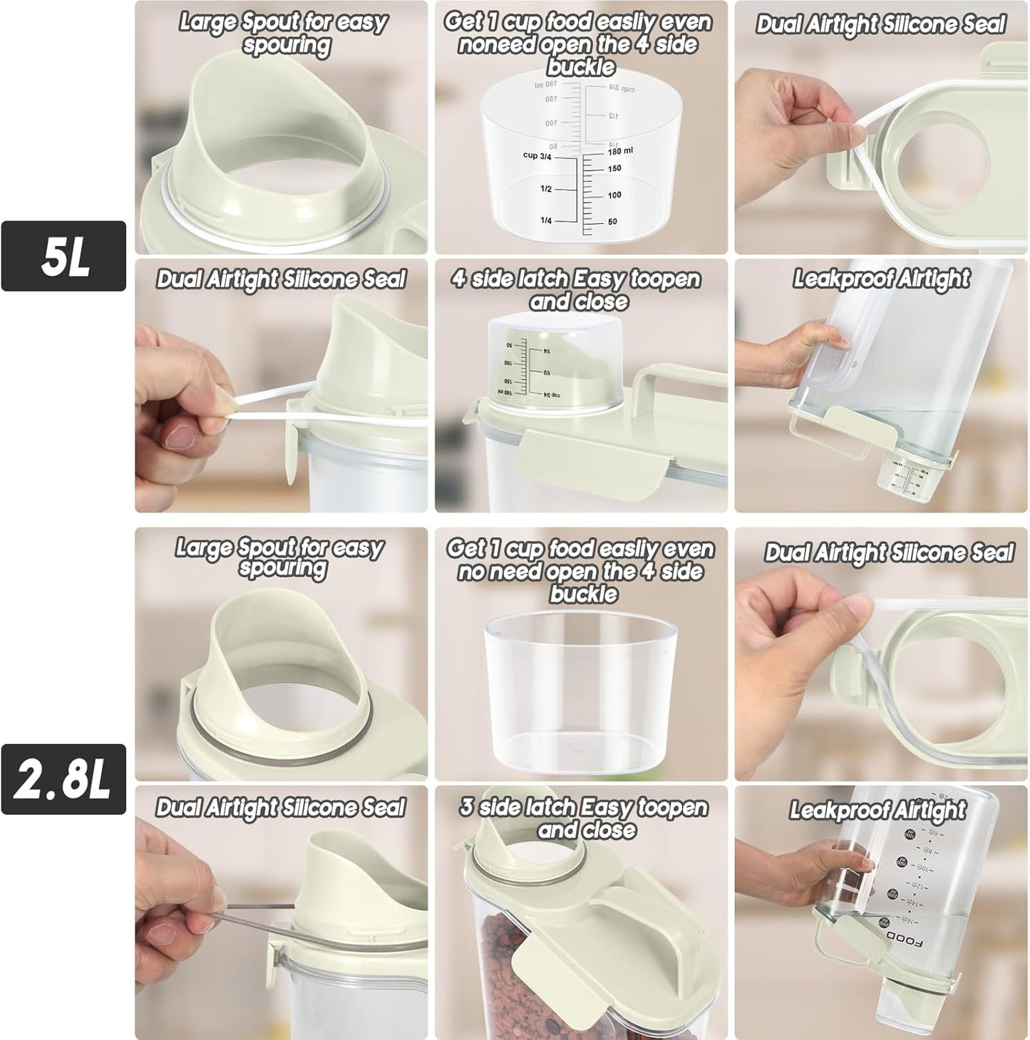 8-12 LBS Cat Dog Pet Food Storage Container, Plastic Dispenser Upgraded Large Nozzle, BPA-free, With Sealed Clasps, Measuring Cup and Handle, Easy to Clean and Carry -2 Packs Beige