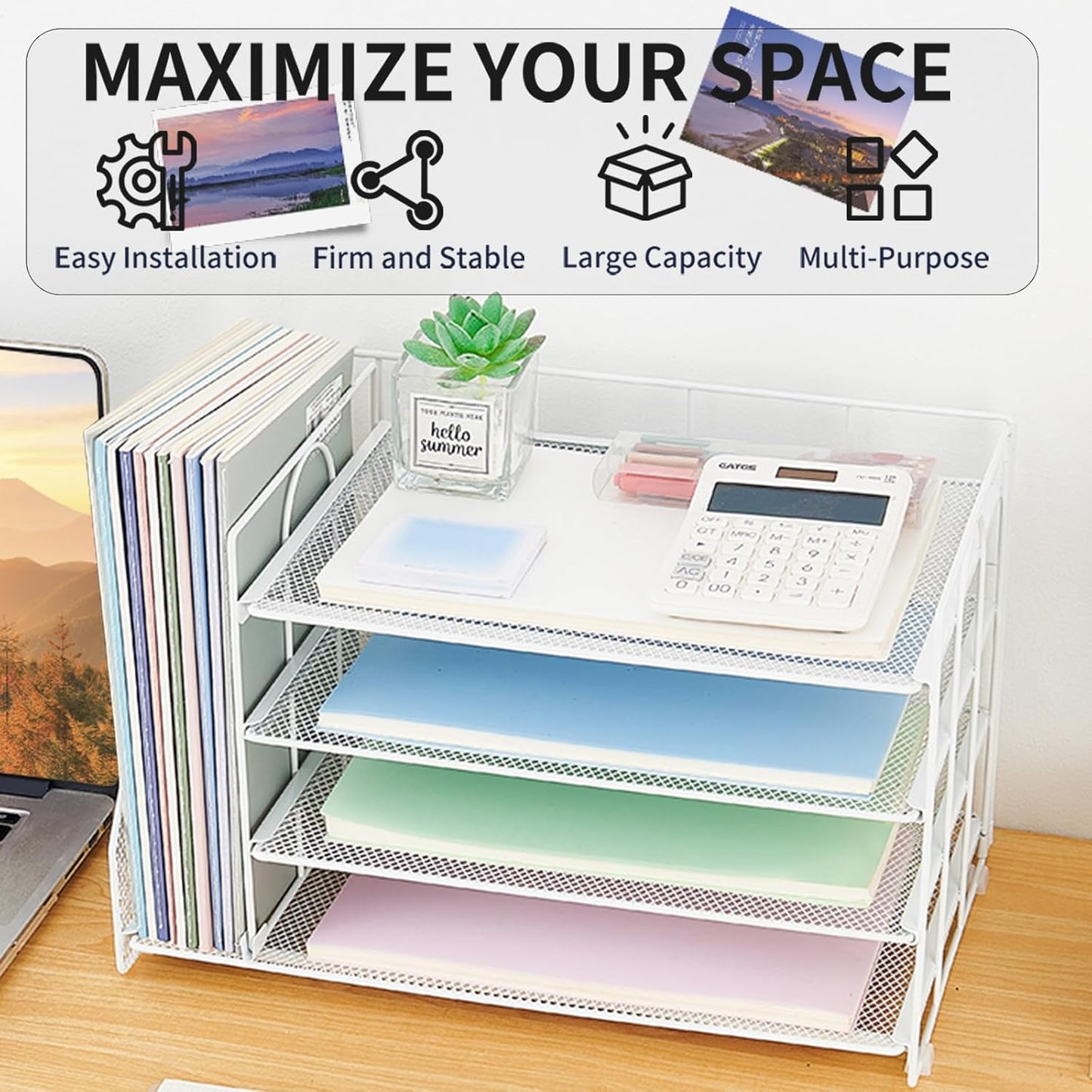 OPNCIE 4-Tier Paper Organizer with Magazine Holder, Desk Organizers and Accessories, Office Desk Accessories & Workspace Organizers, Desktop File Organizer for Office Supplies Storage, White