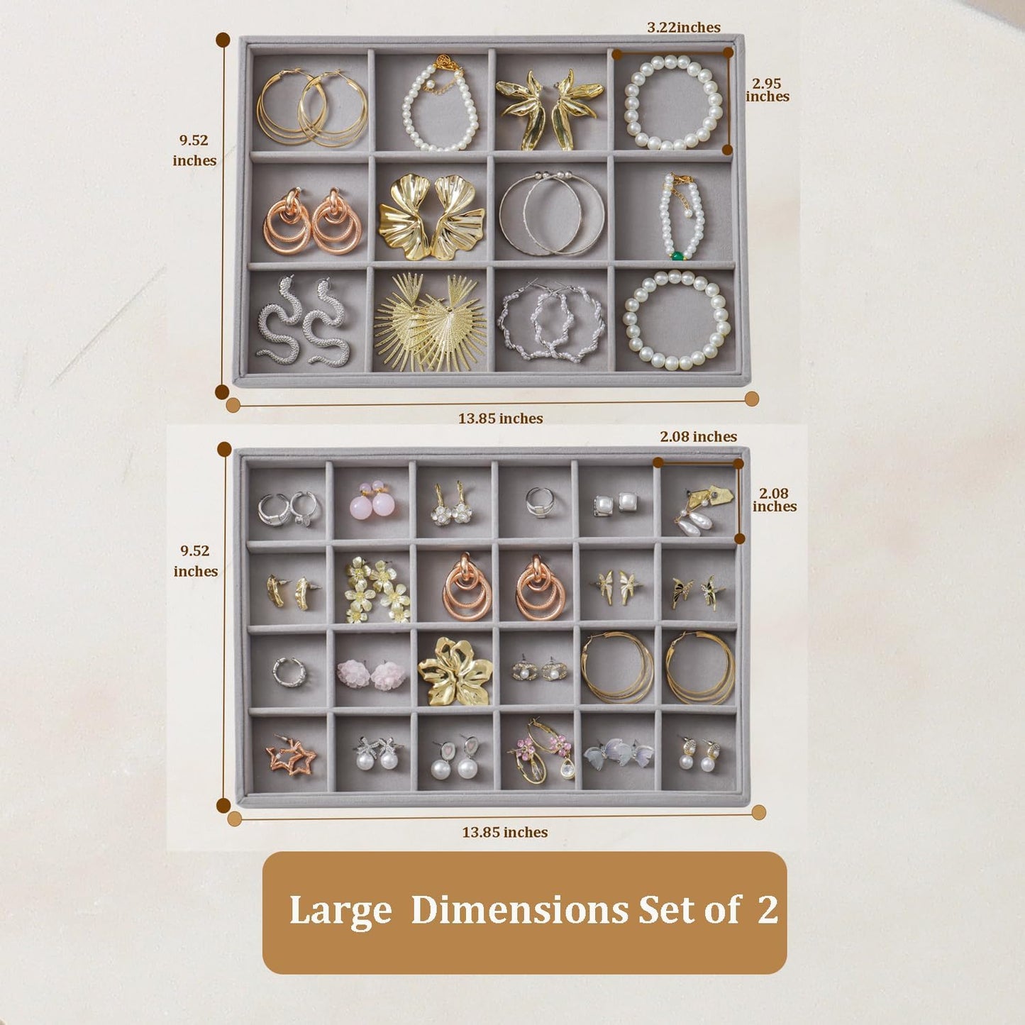Large Velvet Jewelry Tray 2 Pack Stackable Jewelry Display Drawer Inserts Trays Organizer for Earring Bracelet Necklace Ring (Gray, 12 Grids+24 Grids)