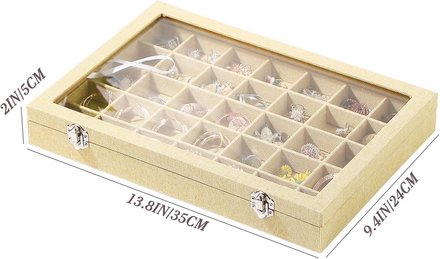 Coward Ring Earring Jewelry Organizer Box, 35 Grids Dustproof Display Holder Case, Yellow Linen Velvet Jewelry Bead Display Tray Case with Transparent Glass Lid for Momen Girls
