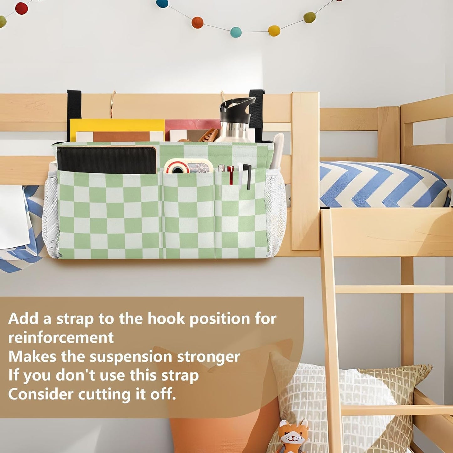 Checkered Mint Green and White Bedside Caddy for Dorm Bed Bedside Hanging Caddy Bag Iron Frame Storage Organizer Pocket for Bunk Home College Hospital Beds 2 Hooks