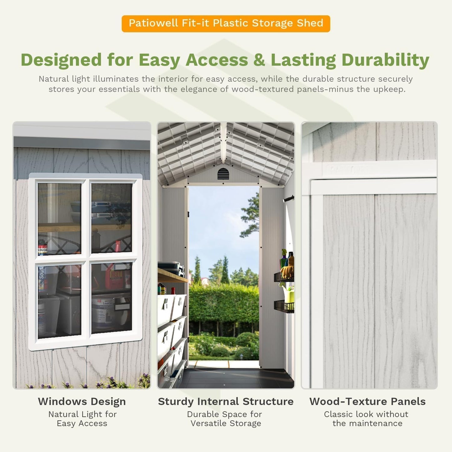 Patiowell 4 x 8 FT Plastic Outdoor Storage Shed with Floor, Garden Tool Shed with Two Windows and Single Lockable Door for Garden, Backyard, Lawn, Easy to Install, Light Grey(Fit-it Shed)