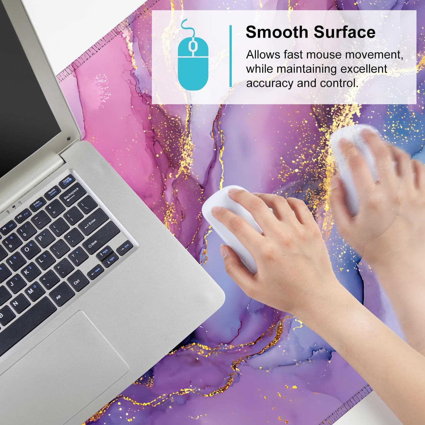 Purple Marble Ink Mouse Pad – Large Extended Desk Mat 35.43 x 15.75 in – Alcohol Ink Watercolor with Gold Vein Design, Non-Slip Base, Waterproof Surface, Aesthetic Keyboard & Mouse Pad