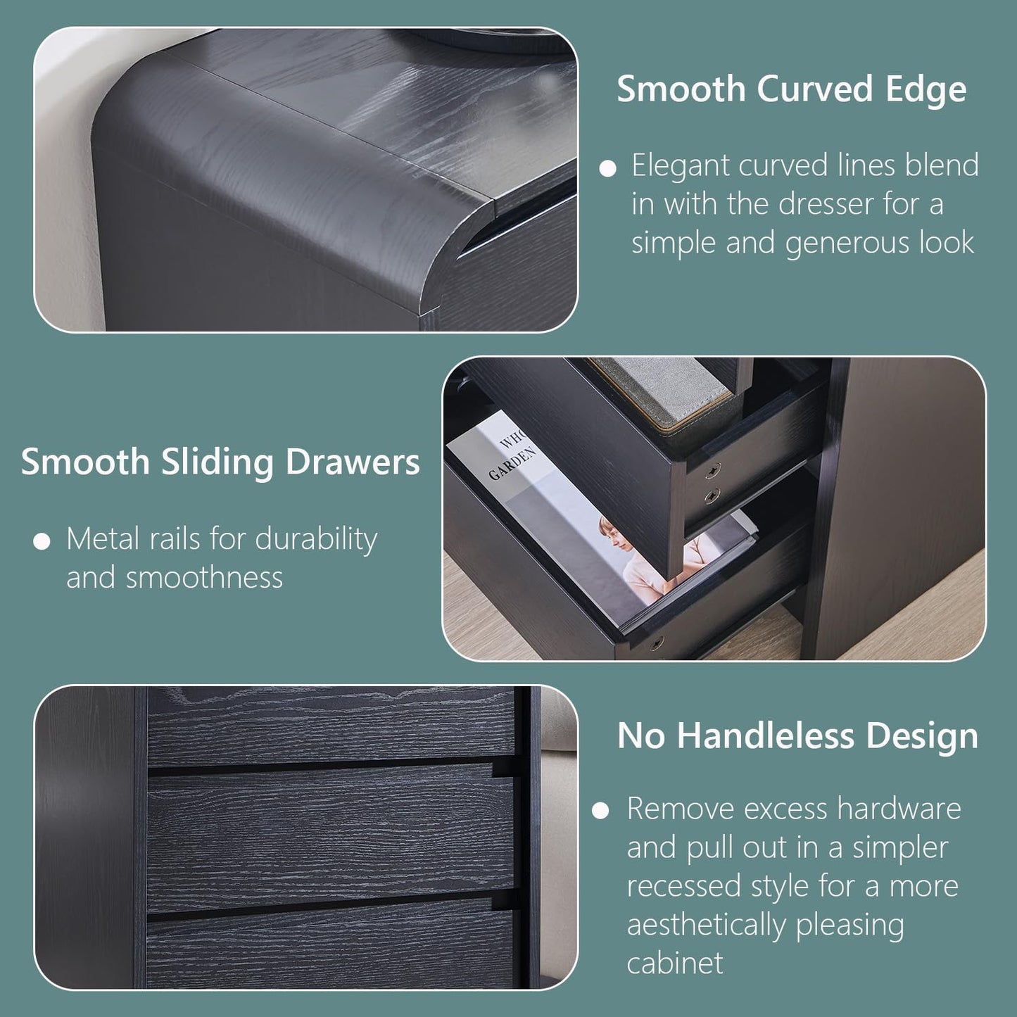 25" Tall Modern Nightstand Set of 2, 23.6" Wide Wood Bedside Table with Charging Station, 3 Storage Drawers Side Table w/Curved Profile Design, End Table for Bedroom, Black