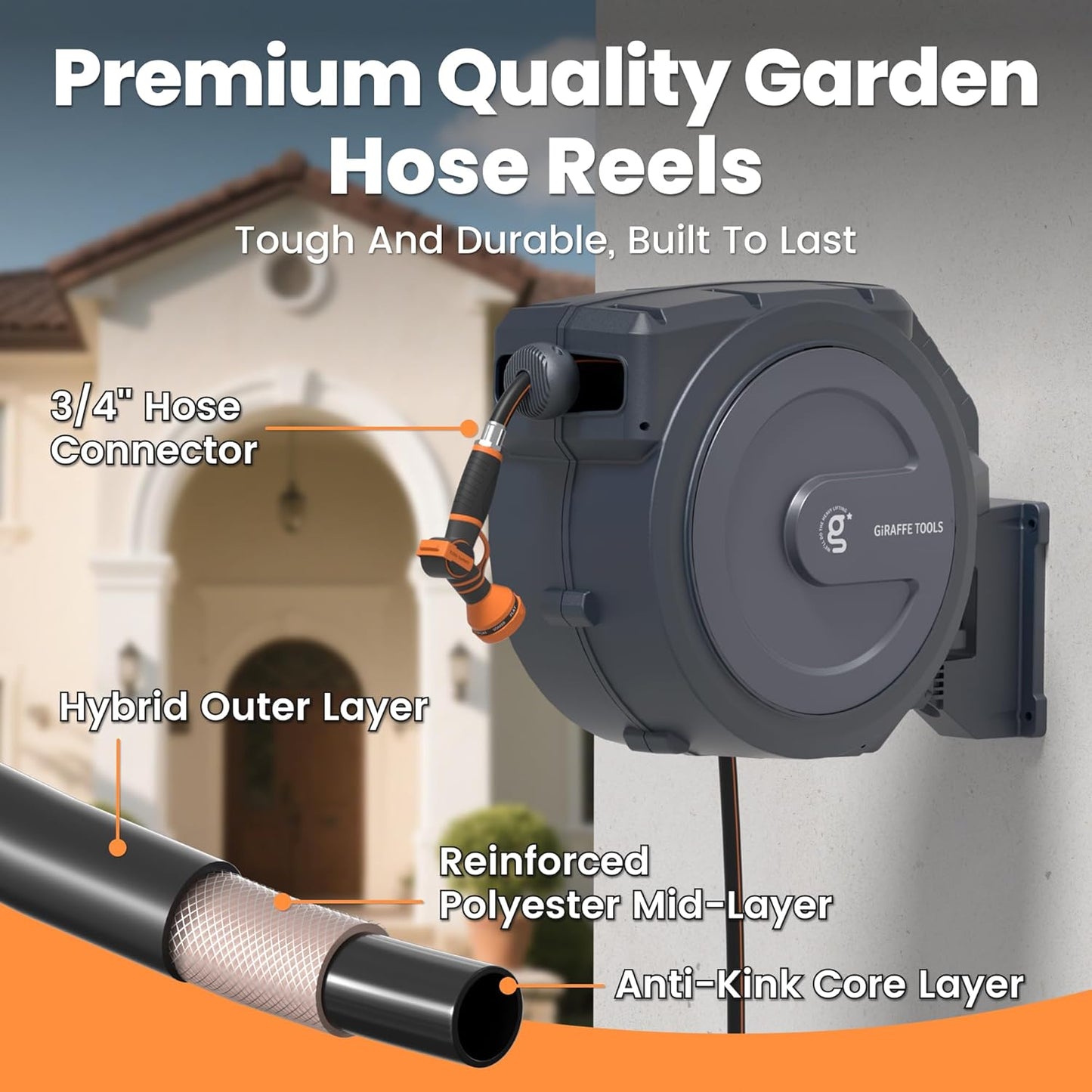 Giraffe Tools AW30 Wall Mounted 1/2" x 100 ft Garden Hose Reel, Retractable Water Hose Reel, Automatic Rewind & Lock at Any Length