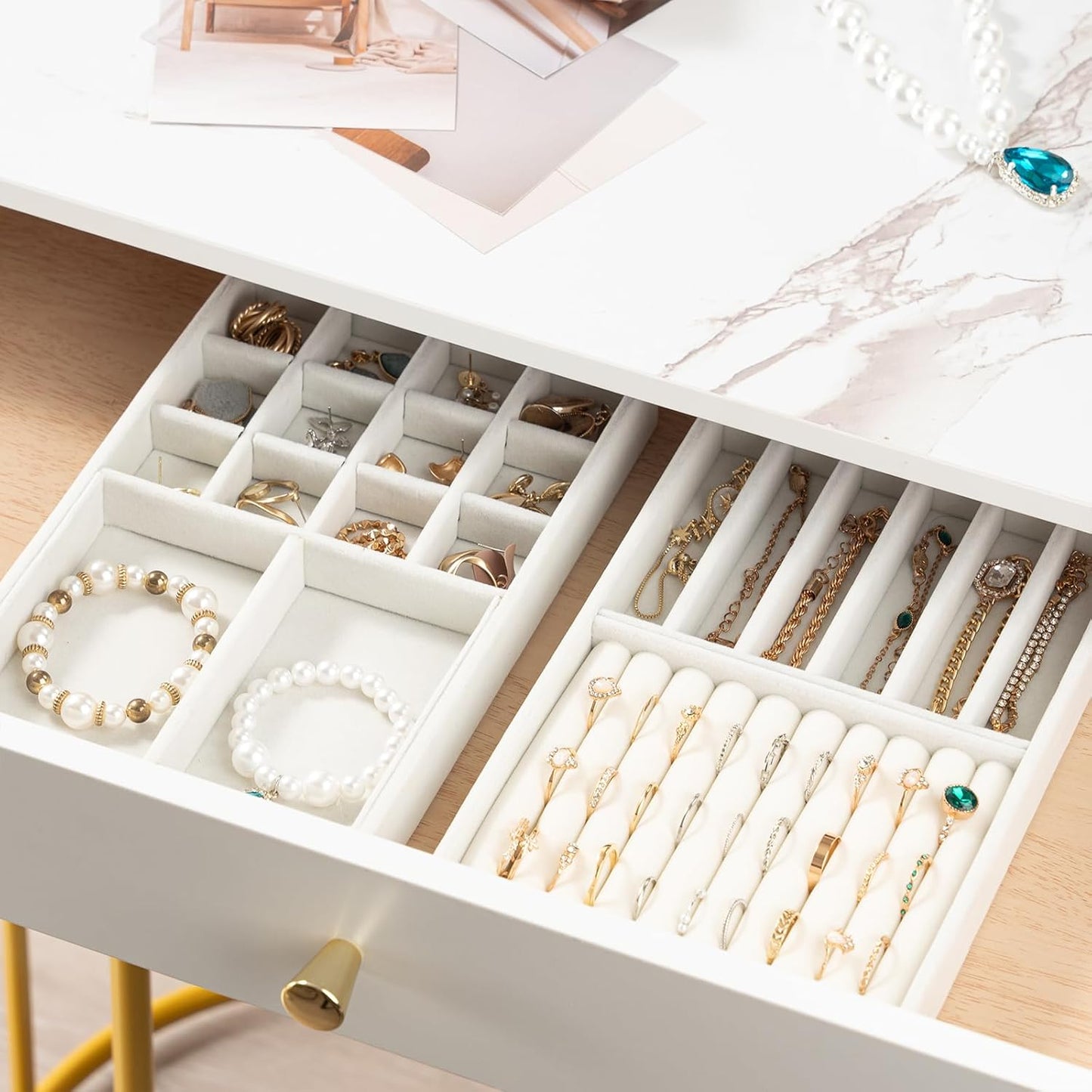 ProCase Stackable Jewelry Organizer Trays for Drawers, Jewelry Drawer Inserts Container Display Case Storage for Earring Necklace Rings Bracelet with Removable Dividers -Warmwhite, 2 Layers