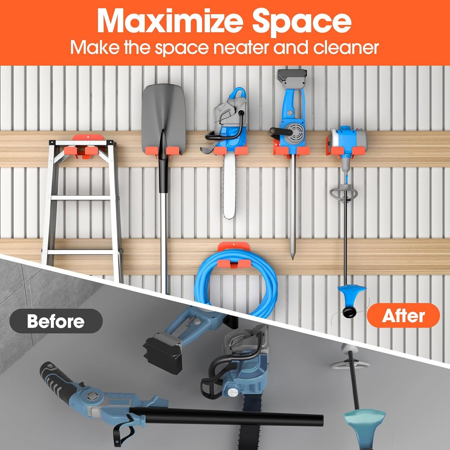 Weed Eater Hanger, Garage Organizer Trimmer Rack, Matel Wall Hooks Weed Wacker Holder, Heavy Duty Garden Tool Organizer for Grass Trimmer, Hedge Trimmer, Garage Tools Storage, Orange 1-Pack