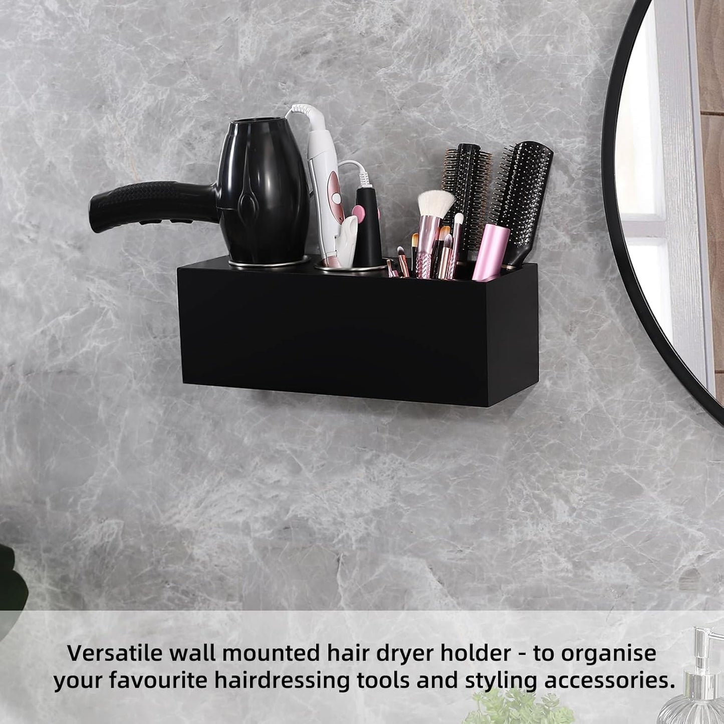 Hair Dryer Countertop Holder, Hair Tool Organizer Wall Mount, Blow Dryer Holder Cabinet Door Organizer, Bathroom Countertop Blow Dryer Holder and Curling Iron Holder (Cedar Wood, Black)