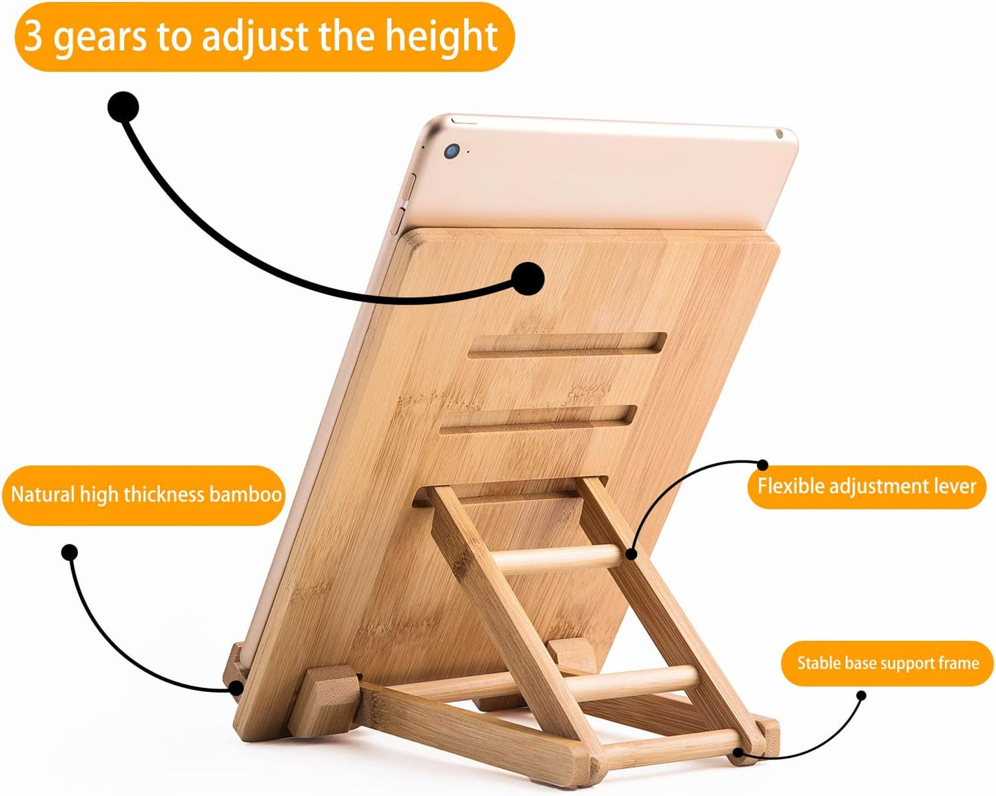 Bamboo Tablet Stand Holder - Adjustable Folding Wood iPad Stand With Chargeable Hole for Desk and Cooking (Tablet A)