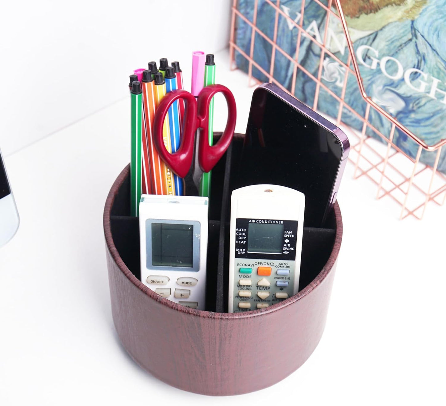 Round Leather Art Supply Organizer,Remote Control Holder,360 Degree Spinning,Multi-Functional Pencil Holder,4 Compartments Desktop Stationary Organizer(1-Thin Wood Dark Brown)