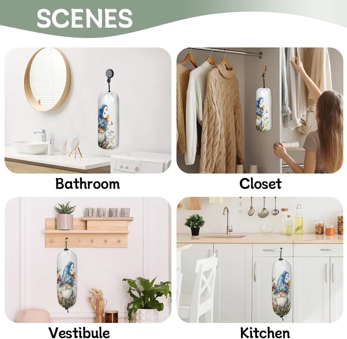 Flowers Butterfly Gnome Plastic Bag Holder 2 Pcs Grocery Bag Organizer Reusable Trash Bags Organizer Wall Mount Washable Kitchen Dispenser Holders with Drawstring Closure
