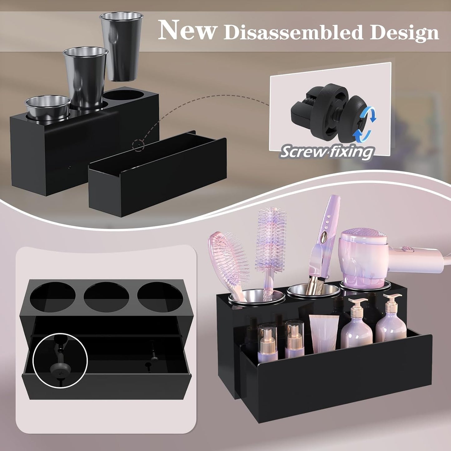Hair Tool Organizer, Acrylic Hot Hair Styling Tool Organizer with 3 Cups, Hair Dryer Holder for Bathroom Organization Bedroom Vanity Countertop Caddy Storage Curling Iron Stand (Glossy Black)