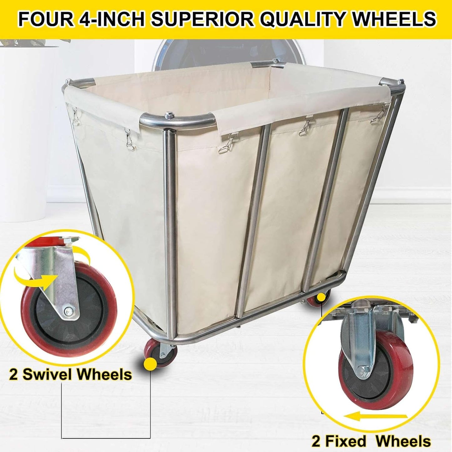 10 Bushel Laundry Cart with Wheels,Heavy Duty Industrial Rolling Commercial Home Beige Large Rolling Storage Laundry Basket, Stainless Steel Laundry Hamper Service Cart,260LBS Load
