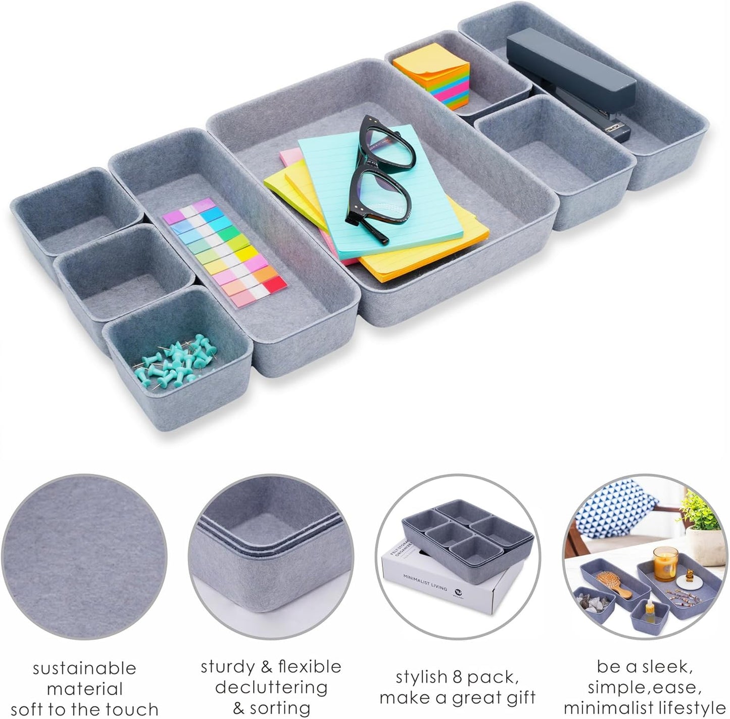 Welaxy Drawer organizers tray Felt storage bins office Desk Draw dividers Sleek Minimalist Lifestyle chic style aesthetics room interior decor 8-piece Gift for men (Glacier gray)