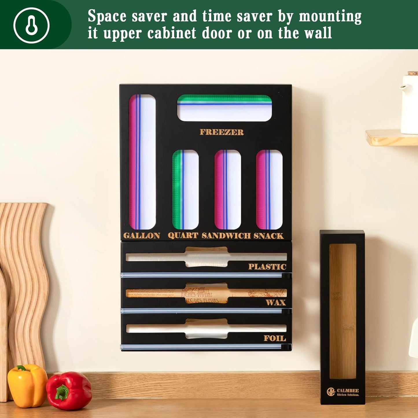Calmbee 9-in-1 Bamboo Kitchen Organizer - Black & Multicolor Modern Minimalist Caddy with 3-in-1 Wrap Dispenser, Cutter & Bag Organizer