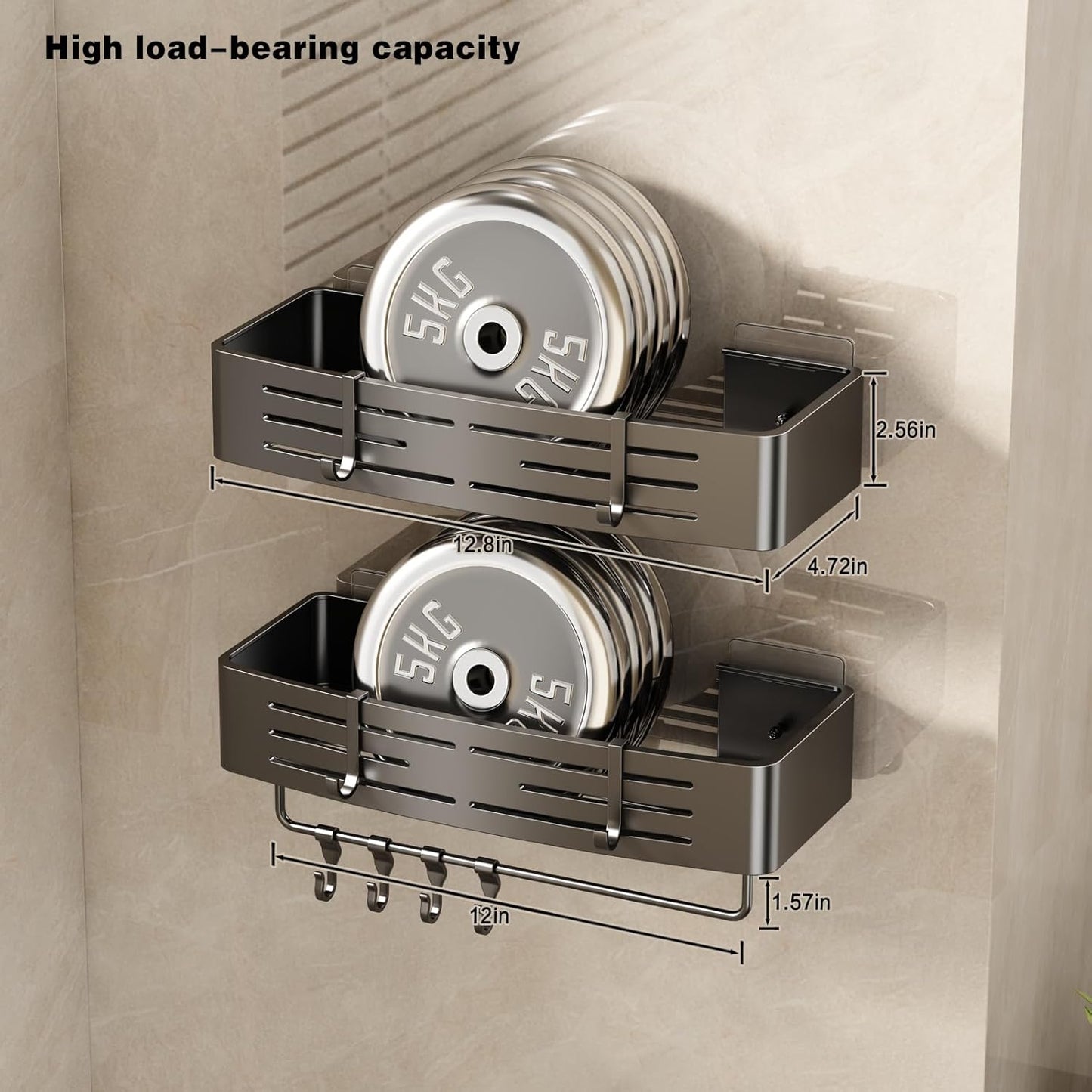 VOLPONE Shower Caddy No Drilling Shower Shelves for Inside Shower Heavy Duty Bathroom Organizer Storage Rack Adhesive with Towel Bar Hooks (2-Pack, Matte Gray)