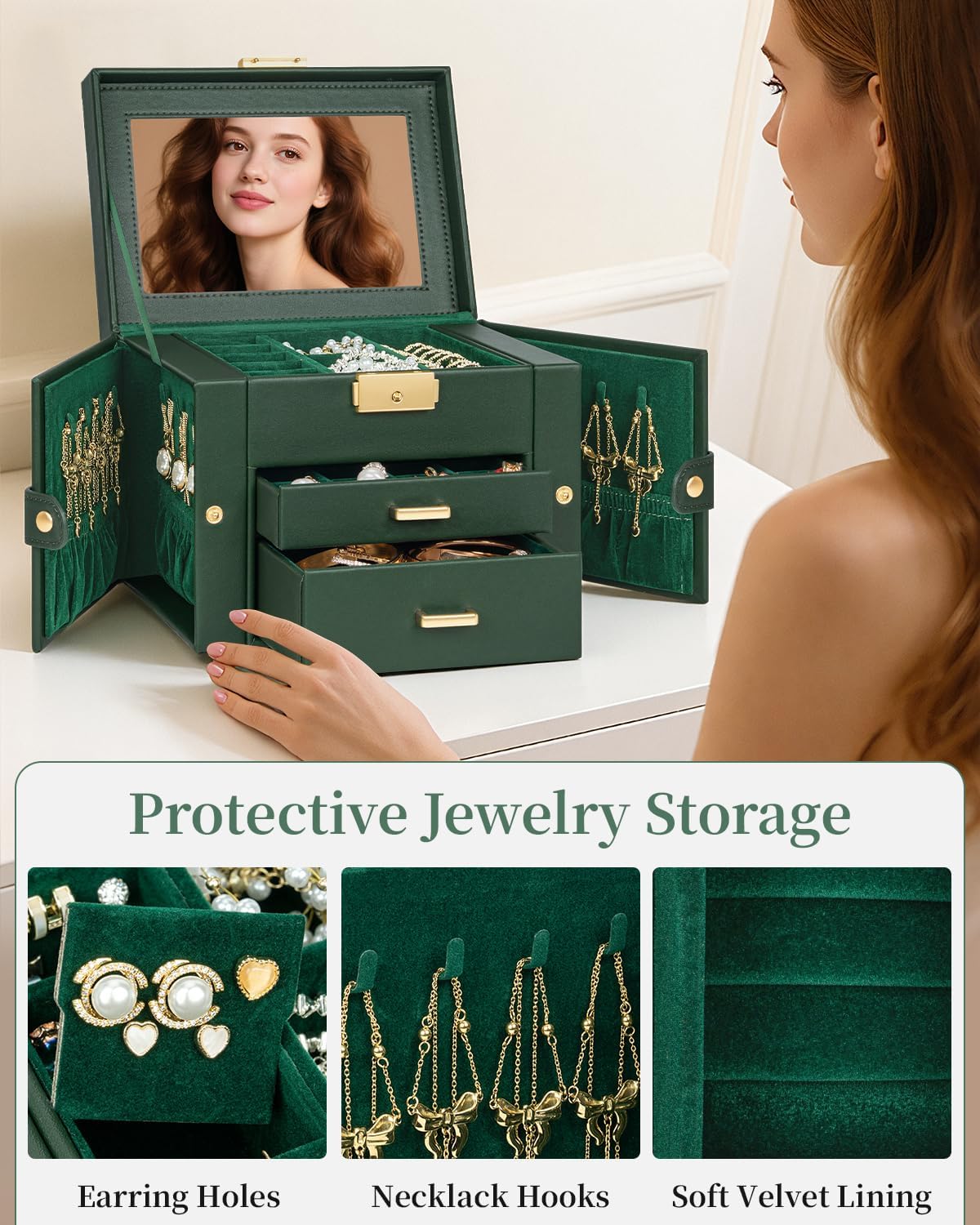 TORIBIO Jewelry Box for Women, Leather Jewelry Organizer with Mirror & Lock, 3-Tier Jewelry Storage Organizer with 2 Drawers for Girls/Women/Mothers, Necklace Earring Bracelets Holder Organizer